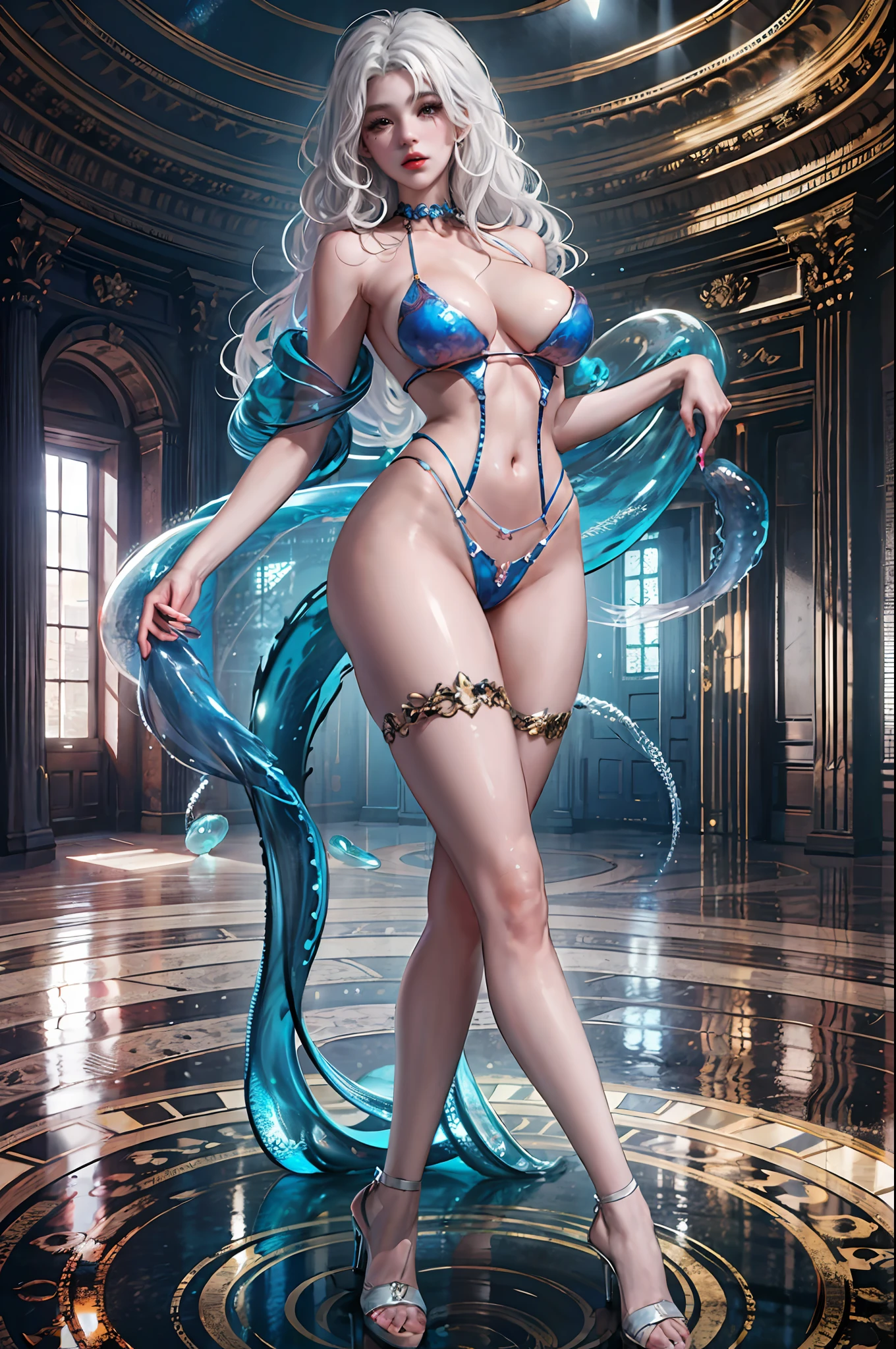 (jellyfishforest:1.4), (panorama shot, scenery, landscape:1.5),
(best quality:1.4), (masterpiece:1.2), (intricate detail), light rays, cityscape, skyscraper, standing, best photo pose,
wearing a string of threads, delicate skin texture, slim, Glamorous body, well proportined figure, huge breasts, , (labium), sagging breasts, high heels,
(white hair, very long hair:1.2),