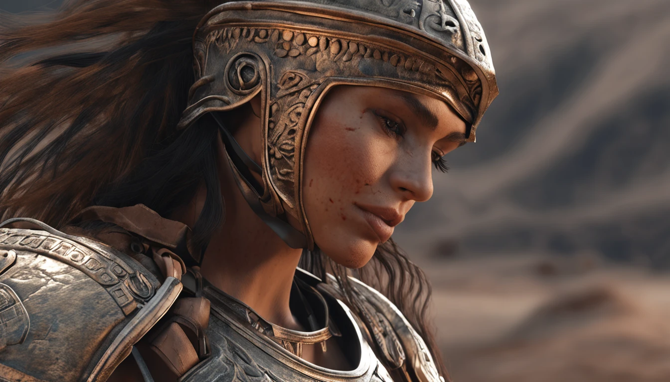"(Accurately rendered lateral view:1.2, 1 female warrior, butt visible, intricate anatomical details:1.1, beautiful detailed mediterranean face, exposed armor, stunning beauty, parted lips, dynamic pose, Roman gladiator attire, enhanced level of detail:1.3)"