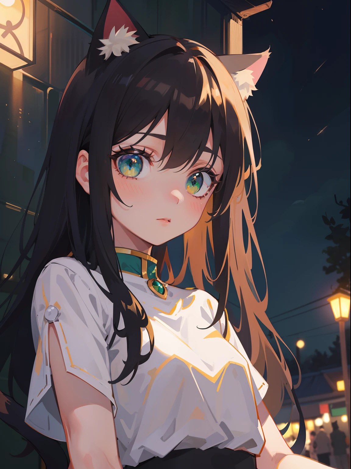 (masterpiece), (best quality), ultra high res, sharp focus, ((1 woman, solo)), upper body, dutch angle, beautiful detailed hair, chestnut brown hair, long hair tumbles down, beautiful detailed face, (cat ears:1.5), ((beautiful shape eyes, green eyes)), perfect feminine face, shy face, feminine light homey outfit, in the street, (at the night time:1.5), hiding from the viewer