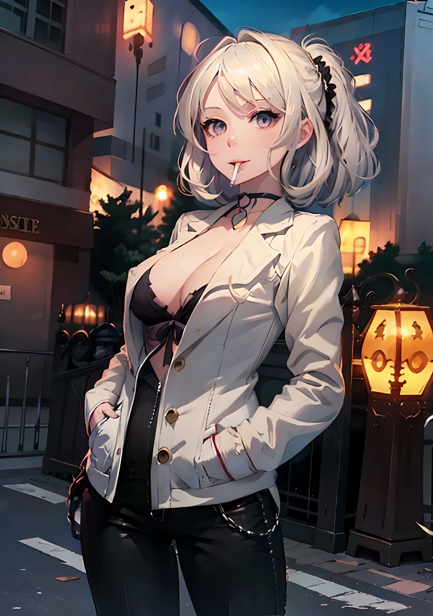 (masterpiece, best quality:1.2), cowboy shot, solo, 1girl, white hair, short wavy hair, purple eyes, average breasts, slender body, light smile, looking at viewer, hands in pockets, formal, suit, (braless), cleavage, black pants, choker, cityscape scenery, street, night light, night time, cigsmoker