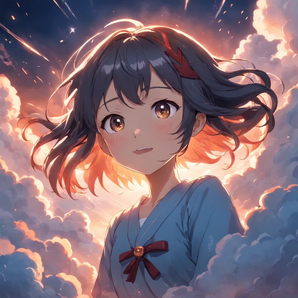 masterpiece, best quality, movie still, 1girl, cloud girl, floating in the sky, close-up, bright, happy, warm soft lighting, sunset, (sparks:0.7)