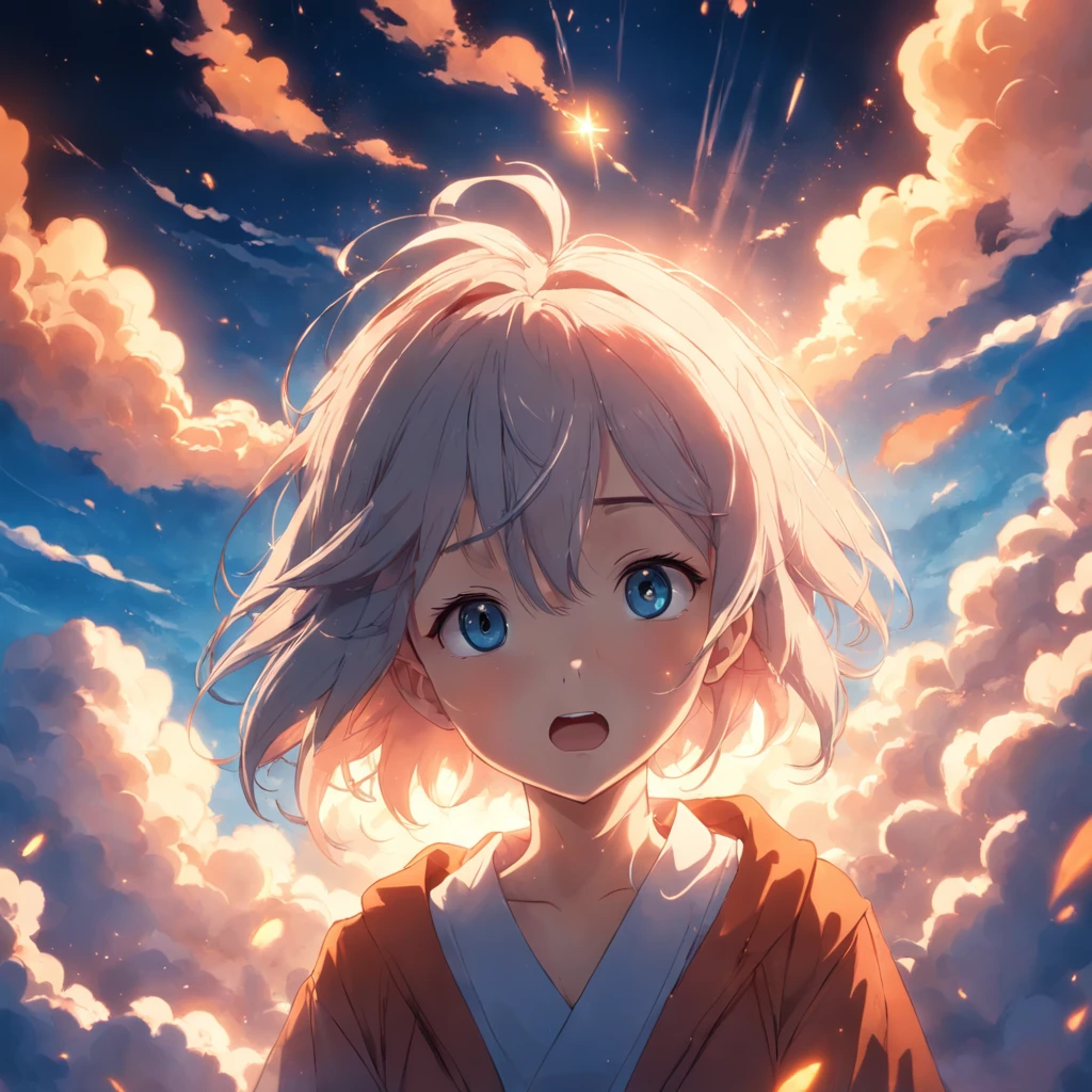 masterpiece, best quality, movie still, 1girl, cloud girl, floating in the sky, close-up, bright, happy, warm soft lighting, sunset, (sparks:0.7)