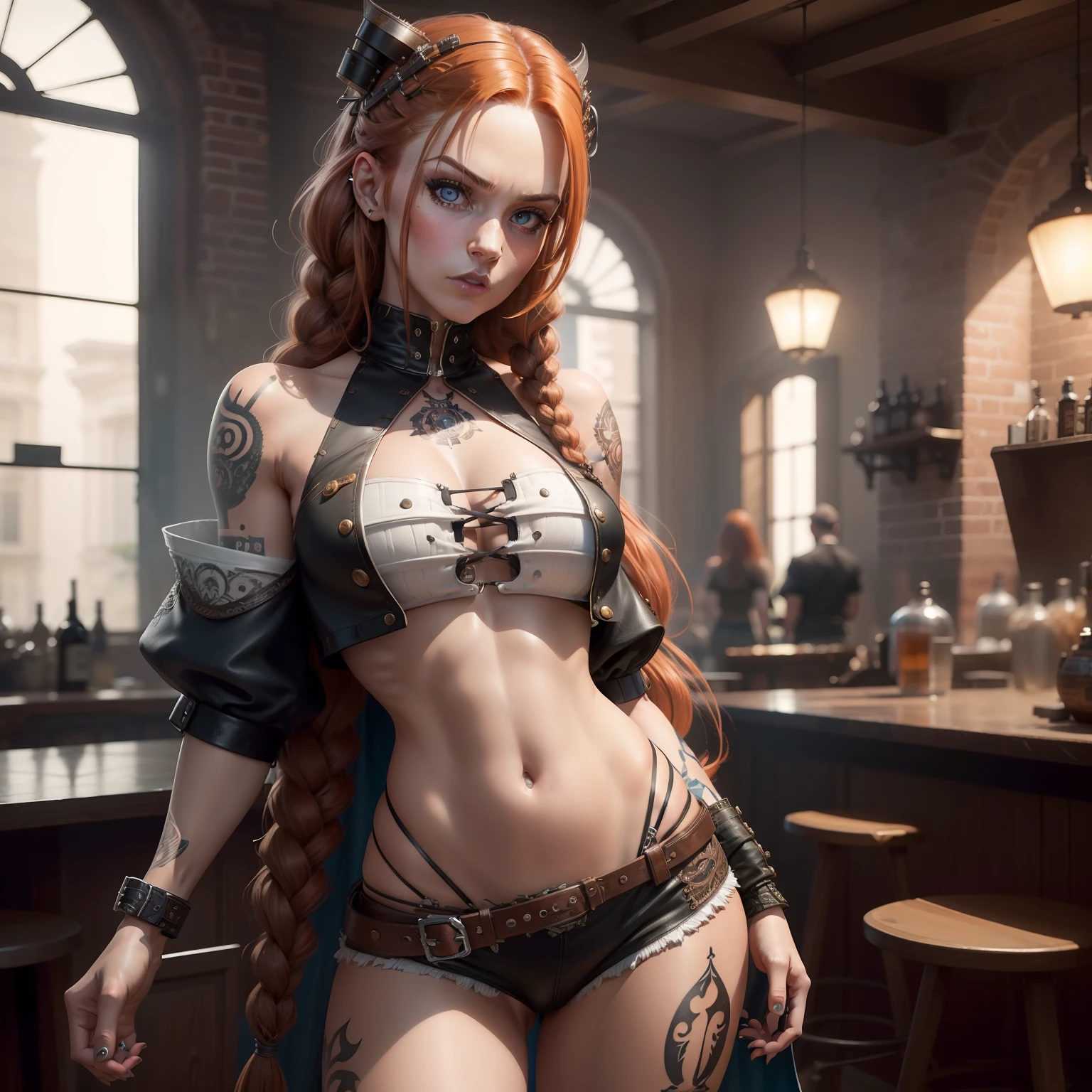 an steampunk girl at a party, (white crop top:1.2), small breast, black and blue leather, tattoo, hyper detailed, ultra sharp, long auburn hair in braids, 8k, (insanely detailed:1.5), full body photograph, 20 megapixel, canon eos r3, detailed skin, pale skin