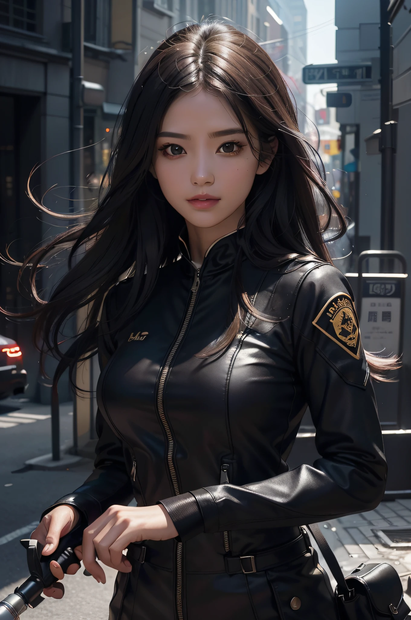 (Hyper-realistic) , (illustratio), (Increase the resolution),(8K), (Most Best Illustration),(extremely detaile), (美丽细致的眼睛),(The face is super detailed), (详细的脸), 独奏,1个Giant Breast Girl, looking at viewert, in the darkness nigth, deep shading, ssmile,cabelos preto e longos，（（（Black SWAT uniform：1.8）））