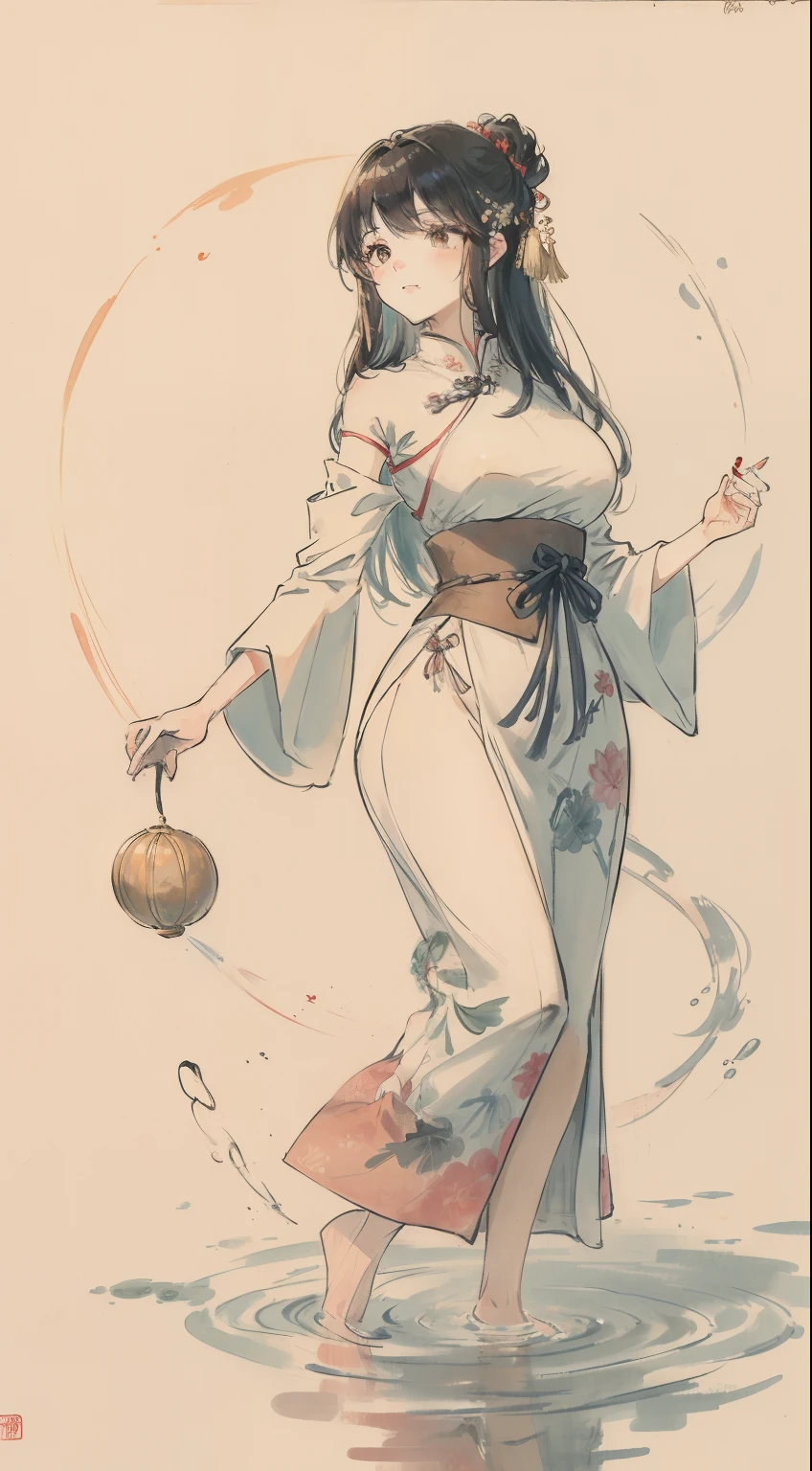 ((4K,Masterpiece,Best quality)),a big breast chinese girl,The facial structure is reasonable, shuimobysim, Traditional Chinese painting, lotuses, Hanfu, maxikit, Dress conservatively , Solo, Long Light Hair, ssmile, standing on your feet, feet in water, The barefoot,Perfect face,big breasts beautiful,Standard human body