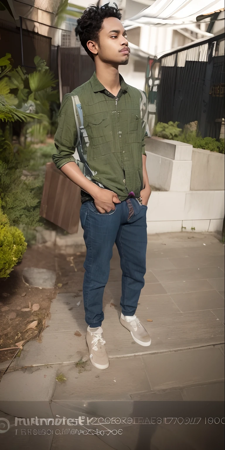 there is a man standing on the sidewalk with his hands in his pockets, full body photogenic shot, with a cool pose, full body picture, casual pose, stylish pose, casual photography, candid picture, cool pose, thisset style, distant full body view, distant full body shot, greenish tinge, baggy jeans, around 1 9