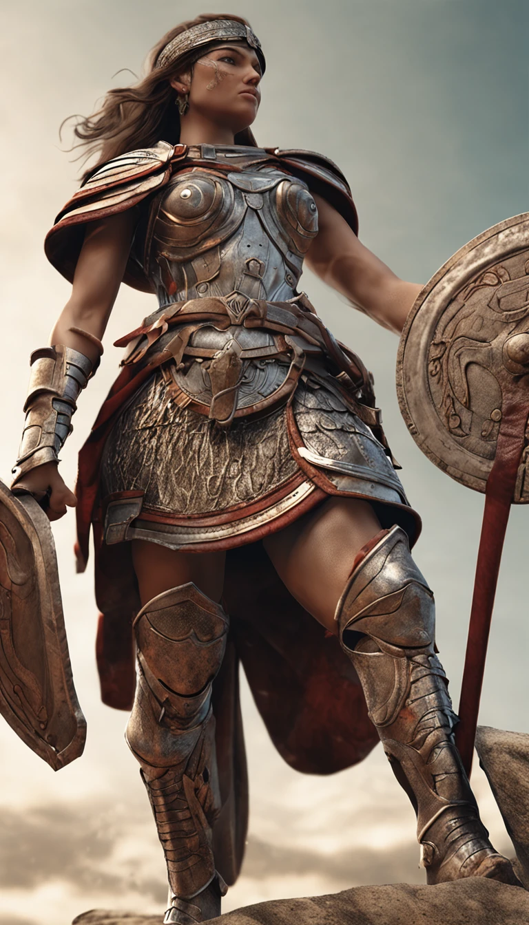 "(Accurately rendered lateral view:1.2, 1 female warrior, butt visible, intricate anatomical details:1.1, beautiful detailed mediterranean face, exposed armor, stunning beauty, parted lips, dynamic pose, Roman gladiator attire, enhanced level of detail:1.3)"
