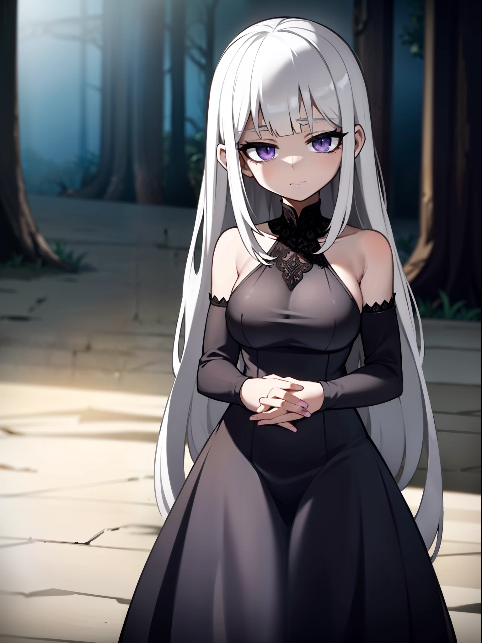 (masterpiece, best quality, detailed), 1girl, solo, outdoors, night, dark, forest, wavy mouth, open mouth, looking at viewer, shaded face, , from above, against tree, lavinia whateley \(fate\), polka dot bow, black dress, ((constricted pupils)), eyebrows hidden by hair, dutch angle, huge breast, standing , curvy, thicc