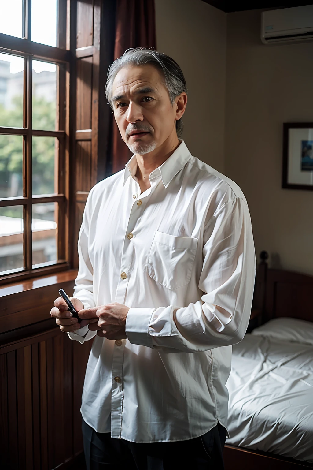 An old man,Wear linen,realisticlying,dynamic lights,Brush cut,Thin stature,no facial hair,full shoot,inch hair,(非常详细的 CG 统一 8k 壁纸),high detal,tack sharp focus,dramatic,Photoreality