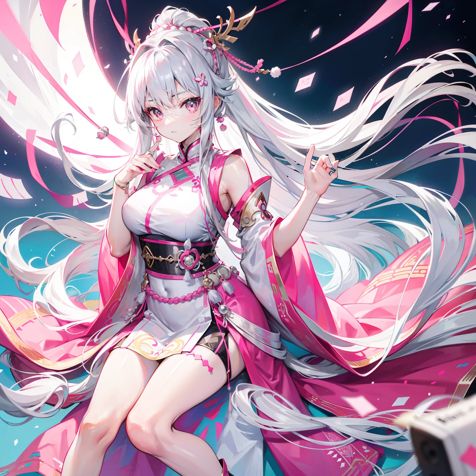 japanaese girl, Smooth and delicate lines, Wearing a glamorous and flowing miniskirt, Miniskirt blue-pink, Shy, Beautiful face, Exquisite makeup, Willow leaf eyebrows, Gentle eyes, Pink long hair, Pretty Face、Wearing a transparent hair ornament in the shape of a flower, Hair blue-pink gradient,Heart-shaped choker、 Butterfly in hand, Graceful and flowing movements, Watercolor style, The image is clean and clear, Qiuying style