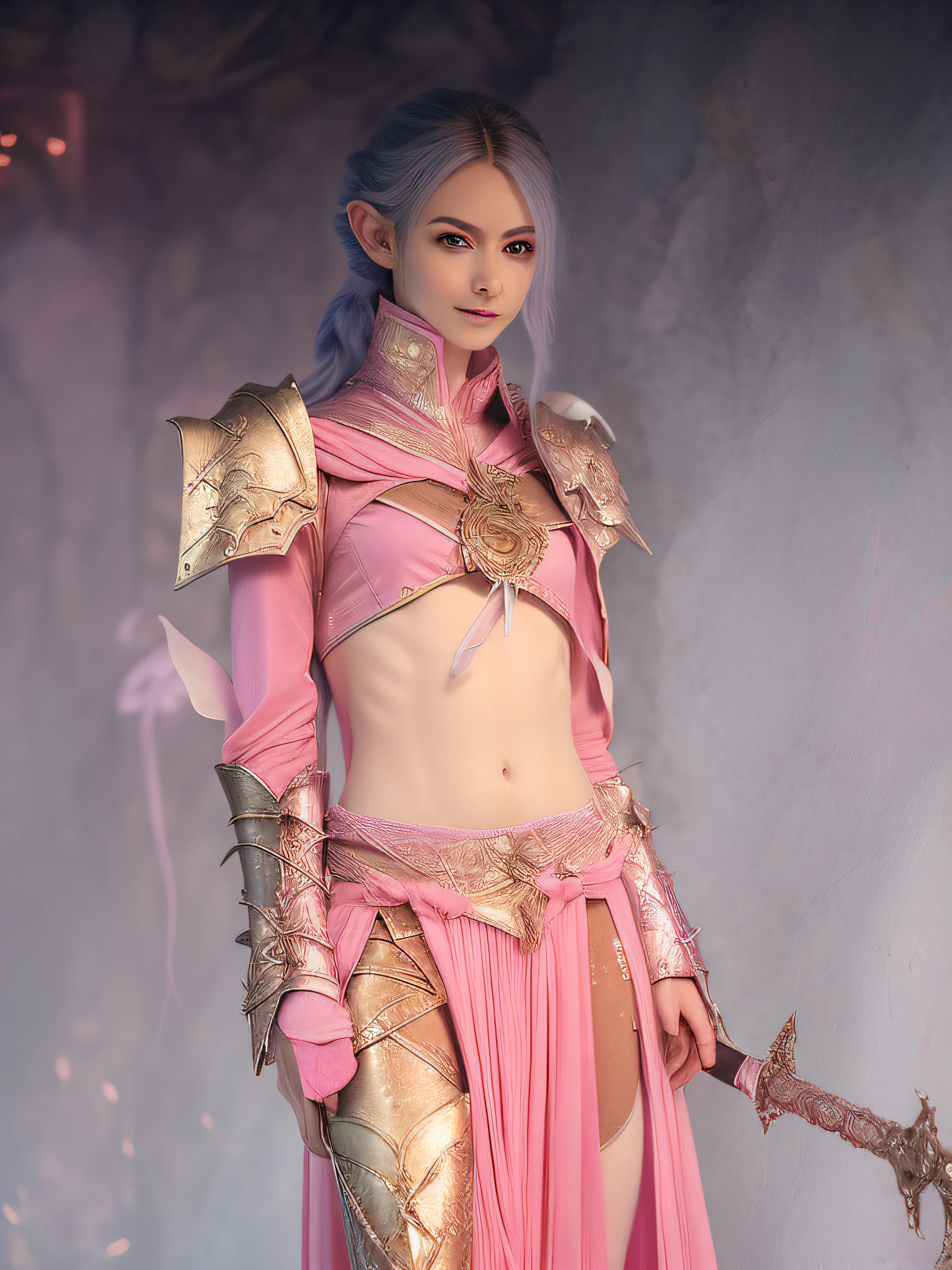 Alafe dressed in a pink costume with a box and a sword, skinny male fantasy alchemist, with glowing runes on the body, super detailed fantasy characters, fantasy outfit, very beautiful elven top model, warrior outfit, complex costume, Hand-drawn textures on models, attractive androgynous humanoid, clothed in ethereal battle armor, Cyberpunk angry gorgeous druid