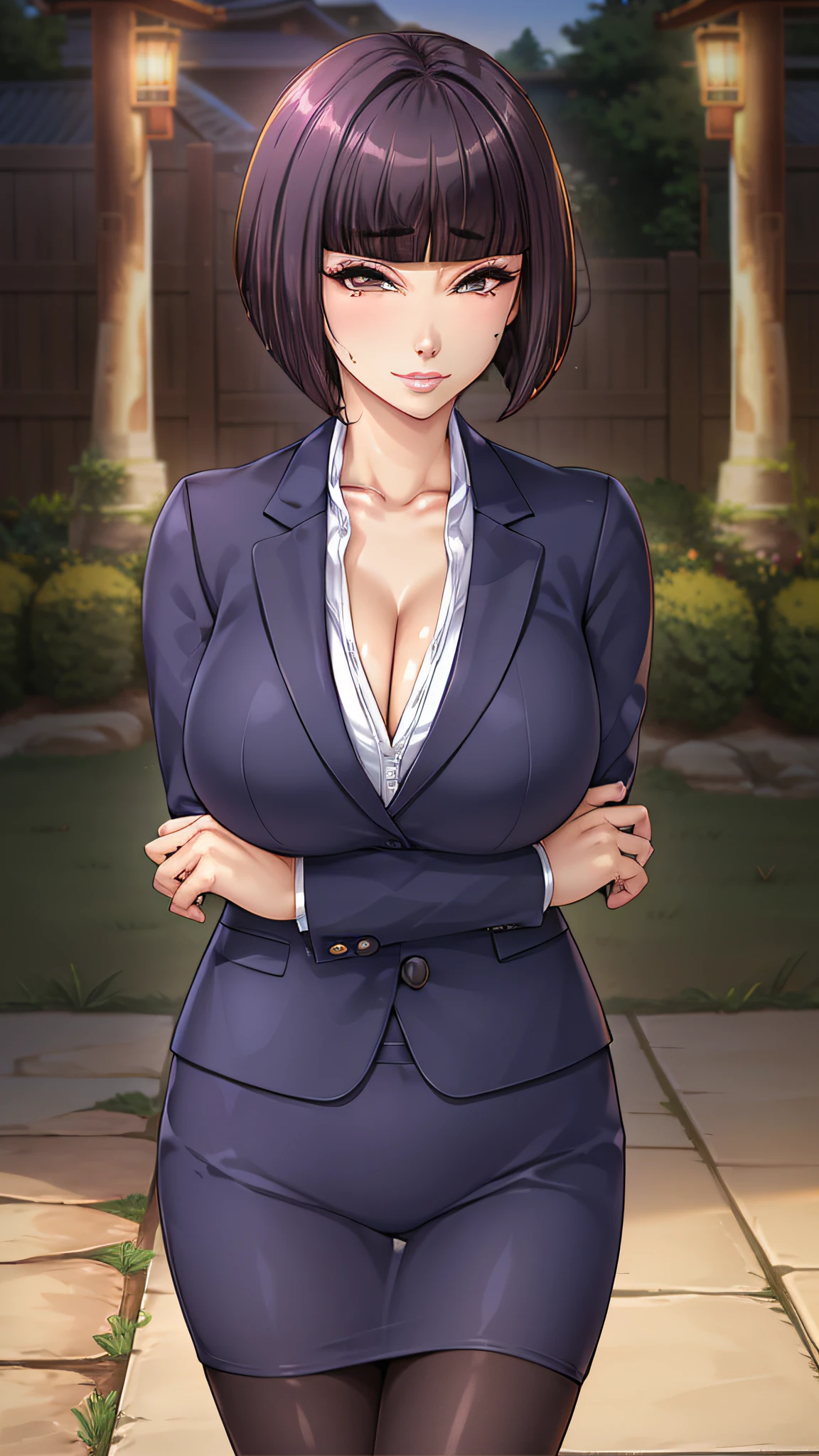 (masterpiece, best quality, high quality, realistic:1.3), (vibrant colors, vivid colors, Diffused lighting:1.1), Itsuki Shima, mature female, (cowboy shot:1.2), black pantyhose, pencil skirt, short hair, brown hair, bob cut, brown eyes, huge breasts, cleavage, looking at viewer, office lady, formal, suit, skirt suit, jacket, collared shirt, perfect body, perfect eyes, anime eyes, eyeshadow, perfect face, (, blush, smirking:1.1), evening park, sunset, bright background, grass, japaneese park background, park lanterns, intricate background, sharp focus, professional artwork, intricate details, digital blending, ultra detailed body, ultra detail hair, ultra detail face, trending on pixiv, hentai , nude , uncensored