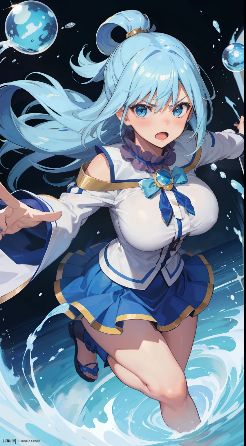 (masterpiece), (best quality), (ultra detailed),(disheveled hair),(illustration), (1girl), (Fashionable clothing), standing, Fashion model, looking at viewer, (interview), (simple background),beautiful detailed eyes, delicate beautiful face, Floating,(high saturation),(colorful splashes),colorful bubble,(shining), focus on face, light blue hair, bangs, hair ring, floating flowers, floating hairs, (shining), best lighting, best shadow, blue eyes, large breast , chubby curvy body, angry blush, full body view, fighting, war in fantasy world