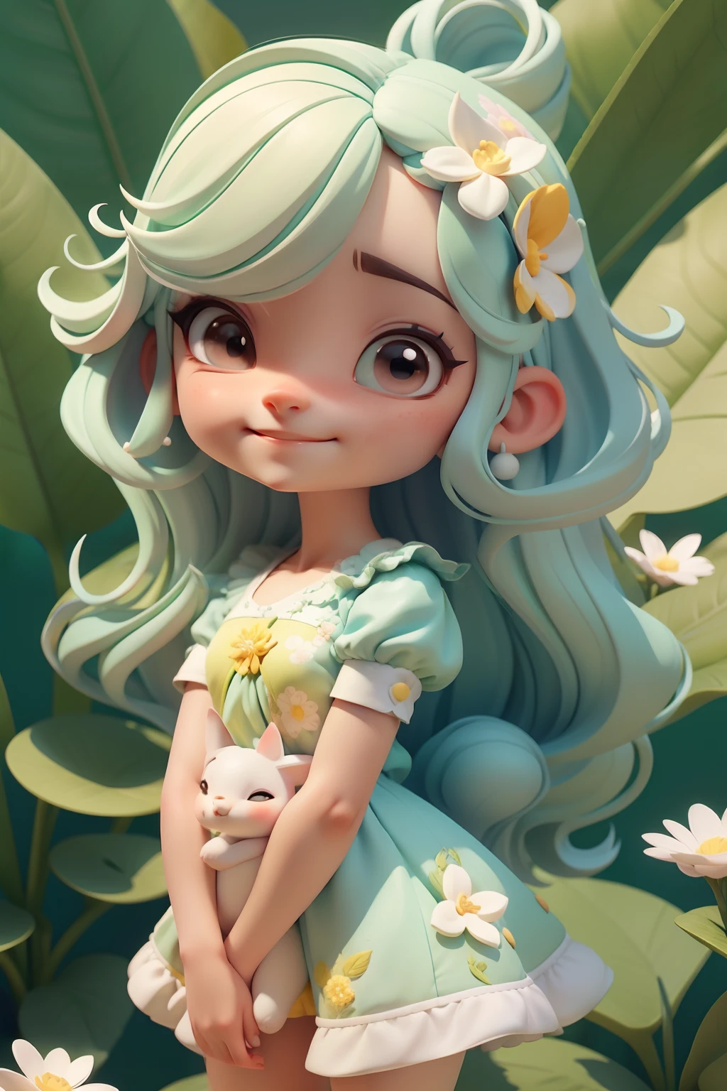 Avatar menina,sorriso meigo e delicado, asas brilhante, vestida com uma jardineira, corpo inteiro,pele clara e olhos castanhos delicados e definidos,cartoon 3D com blusa delicada,, casaco peludinho, cabelos pretos e lisos, fundo simples e branco