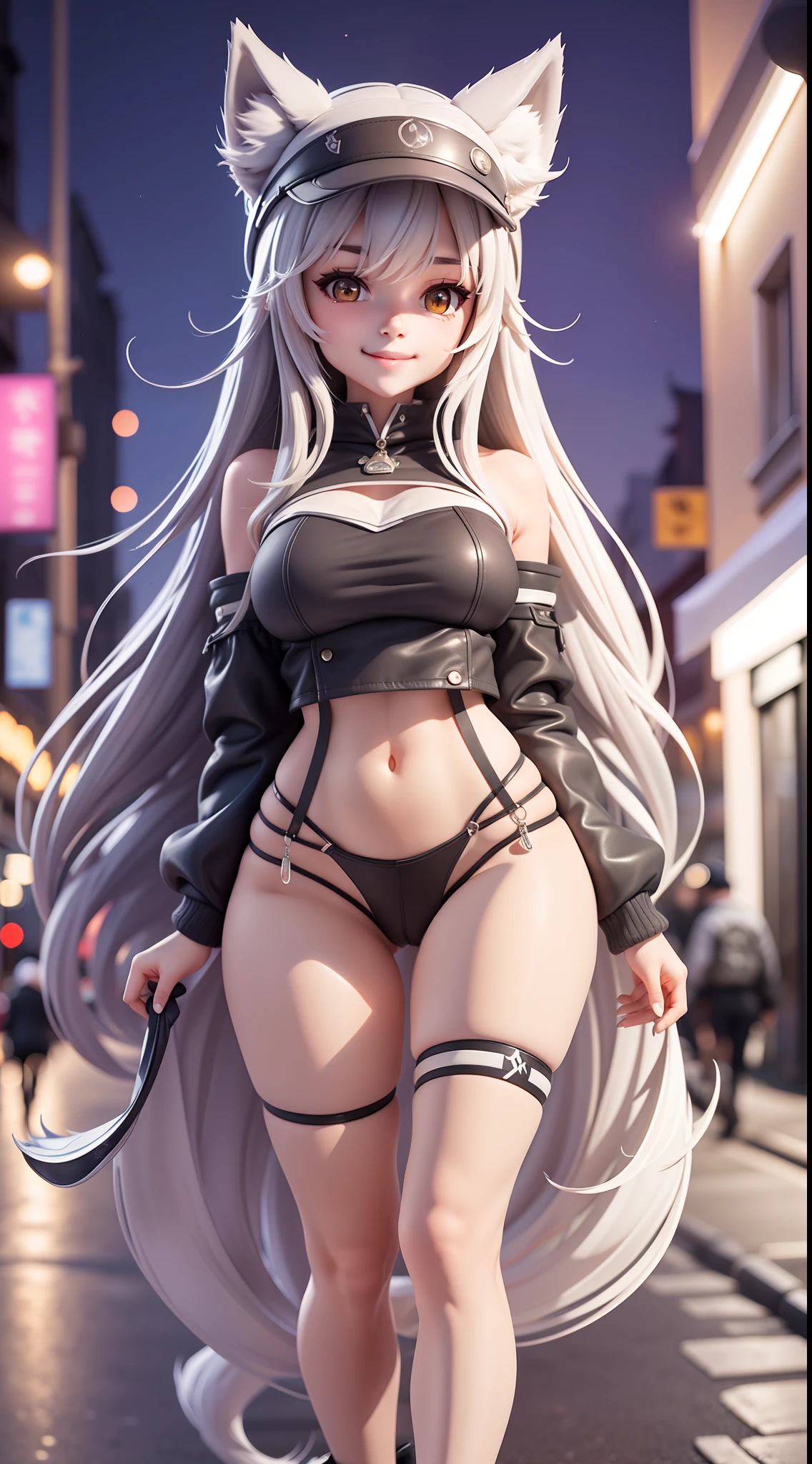1girll,adorable smile, (Masterpiece:1.1), (Best quality:1.1), Wolf Girl,grey wolf ears on head,grey wolf tail,sliver long hair,wear cap,Tall body,Slim body,Large breasts,Nice legs,in a street at night,Moonlight