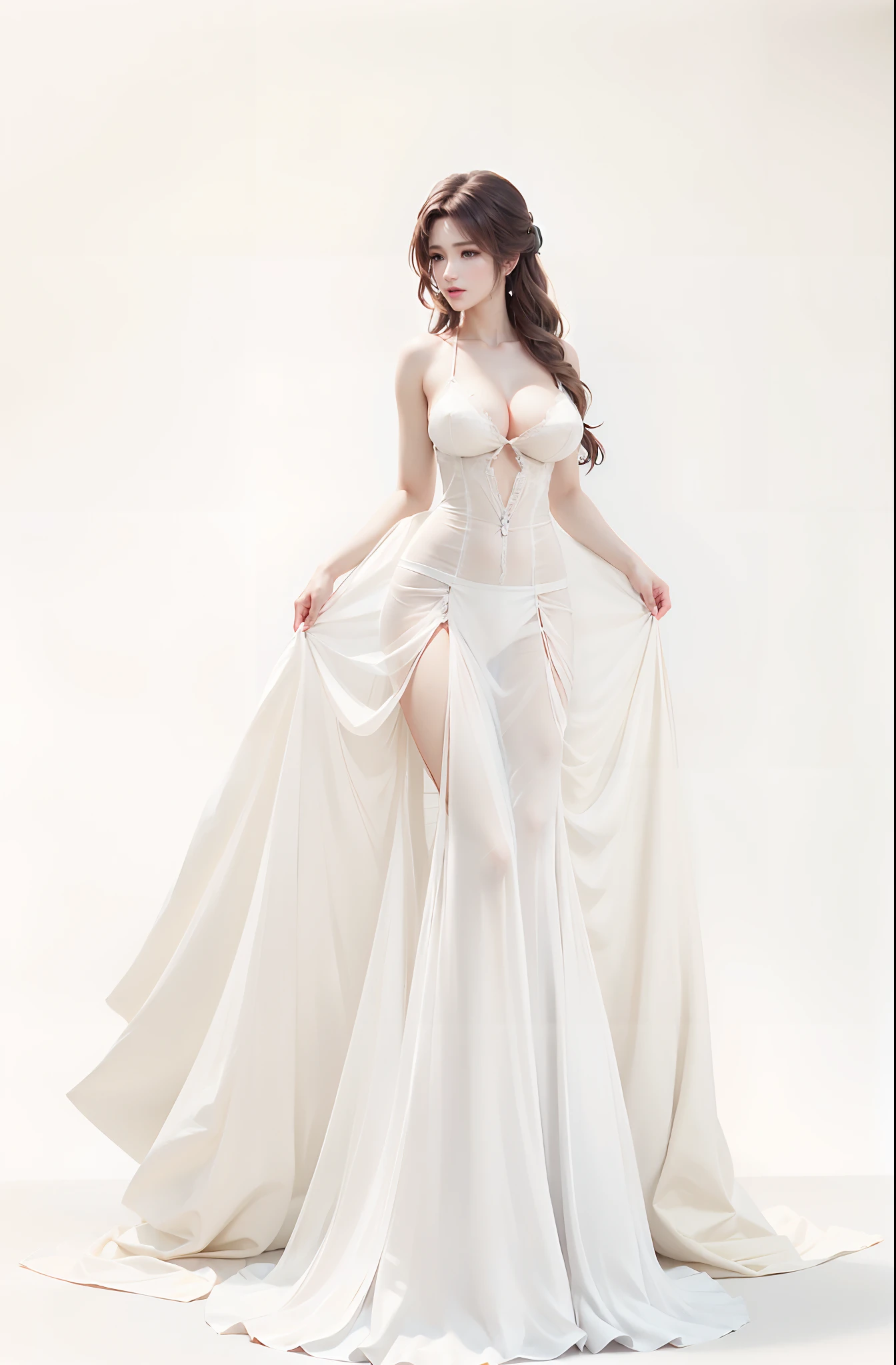 ((Aerith gainsborough)), masterpiece, best quality, 12k resolution, hyper detailed curvy body, huge breasts, wide hips (hyper detailed face), full pouty lips, ((solo)) female focus, long brown hair, green eyes,, trending on artstation