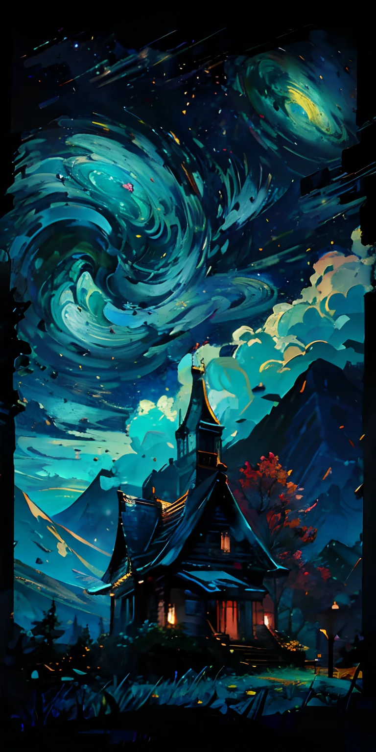 a painting of a house with a belfry on a hill under a full moon, papel de parede do telefone hd, papel de parede do telefone hd, Papel de parede amoled, No estilo Dan Mumford obra de arte, No estilo de arte de Dan Mumford, paper awesome wallpaper, papel de parede bonito do iphone, HQ 4K papel de parede do telefone, Dan Mumford Tinta, Estilo de arte Van Gogh, Arte do papel de parede, wallpaper mobile