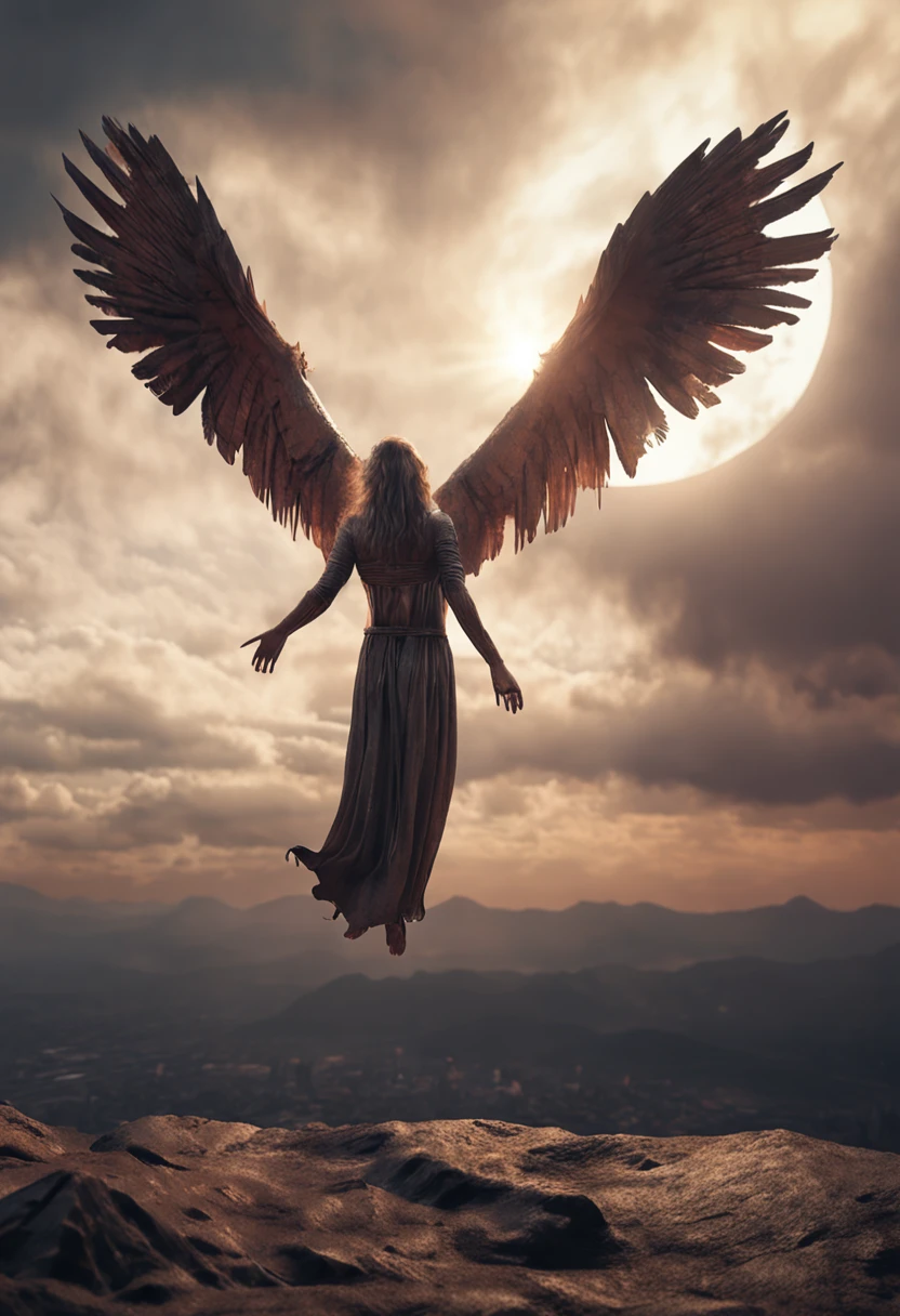 (Professional 3D rendering:1.3) de (Realistic:1.3) Foto de arte mais bonita do mundo,It features evil angel falling from the bright sky, ((Anjo celestial do mal se relacionando com humanos na terra. , fantastic location, majestoso ambiente desordenado)), corpo inteiro 8k unidade render, action shot, poros da pele, very dark lighting, sombreamento pesado, circunstanciado, Rosto detalhado, (vibrante, fotogrdeia realista, Realistic, Dramatic, Escuro, foco nítido, 8k), ((((Use peles)))), (intrincado:1.4), decadente, (altamente detalhado:1.4), pintura digital, rendering by octane, art stations, Conceito-Arte, liso, foco nítido, illustration, germe da arte, (Loish:0.23), Wlop Ilya Kuvshinov, e Greg Rutkowski e Alphonse Mucha Gracias, (global ilumination, studiolight, Light Volumetric), patife, fantasia, Onze, corpo inteiroesbian, ((Fundo escuro e antigo da cidade:1.3)),CGSesociedade,art stations