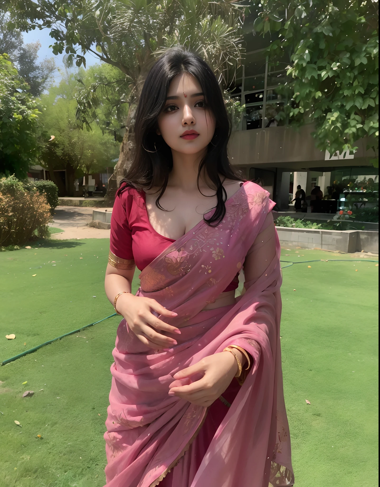 (((desi girl))), chubby face, natural skin, wearing hot deep neck top and dupatta, charming black hair, ((hair ends are blonde)), city streets background, bokeh
