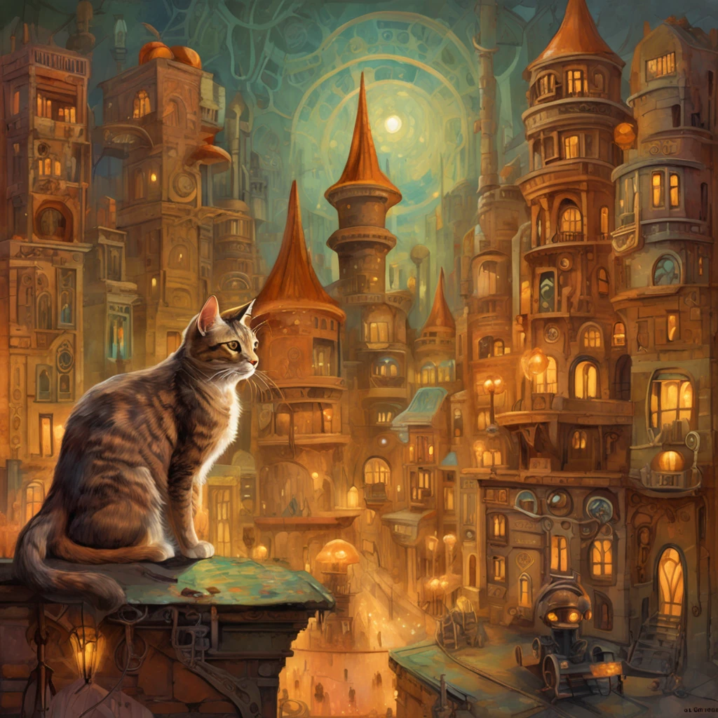 A cat with a sparkling fur and magical eyes in the middle of a lush steampunk city. Engrenagens gigantes, Airships and ornate buildings make up the scenery, while the cat seems to be in tune with the magical energy of the city. The orange light of twilight highlights the magical and metallic details around. Digital illustration with intricate details and steampunk elements.