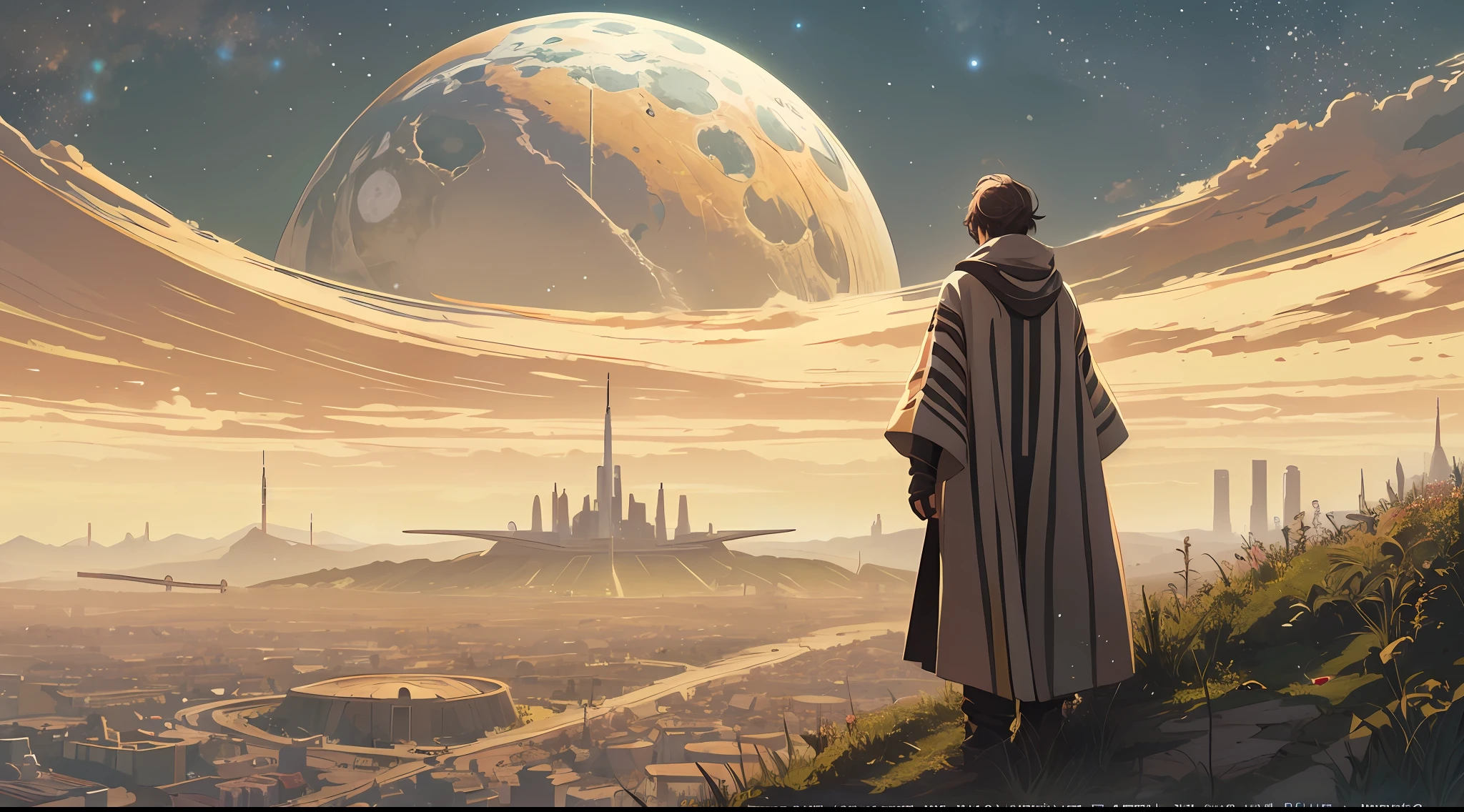 A jedi on a hill, (illustration style), solo, back view, a small sci-fi village far away, detailed sky, big planet in the sky, (as if it were a cover of a drama movie)