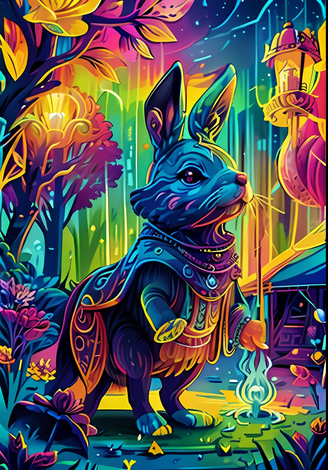 a brightly colored rabbit in the forest a cloudless blue sky background, Coelho Radiante, cores altamente detalhadas, vibrant high contrast coloring, arte digital detalhada, arte digital detalhada, cores detalhadas, cores brilhantes altamente detalhadas, Arte digital colorida, arte colorida ultra detalhada, arte de fantasia digital colorida, arte detalhada em cores, coelho incandescente, desenho digital detalhado