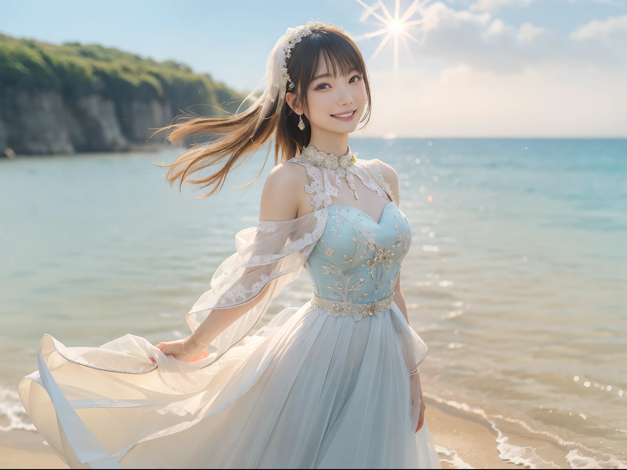 full bodyesbian、((lensflare))、((Constricted waist circumference))、((Smiling)),((((27yo)))),(((Smaller bust))))、(((Colorful Wedding Dresses)))、(((Muscle feeling)))、(((photorealisim:6, realisitic)))、shorth hair、pale-skinned、looking at the viewers、the beach、coastline、the wind、vague、 8K UHD、Digital SLR、softlighting、hightquality、top-quality、超A high resolution、(Photorealsitic:1.4)、beautiful smiling face, Beautiful detailed sky, 电影灯光, depth of fields, Lens flare light、(A smile:1.15)、(Mouth closed)tiny chest、beautiful finely detailed eyes、Floating hair Nova frog style