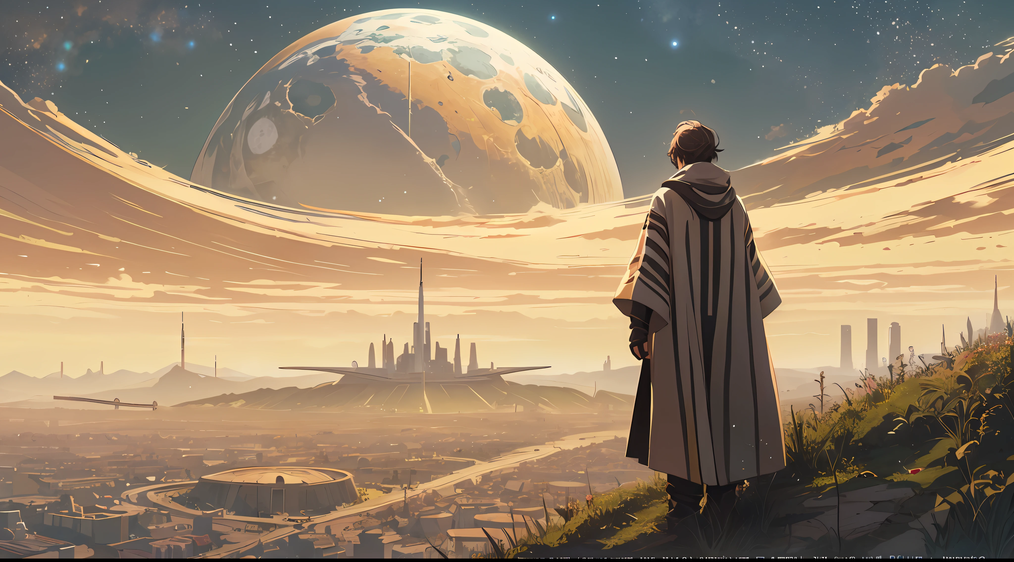 A jedi on a hill, (illustration style), solo, back view, a small sci-fi village far away, detailed sky, big planet in the sky, (as if it were a cover of a drama movie)