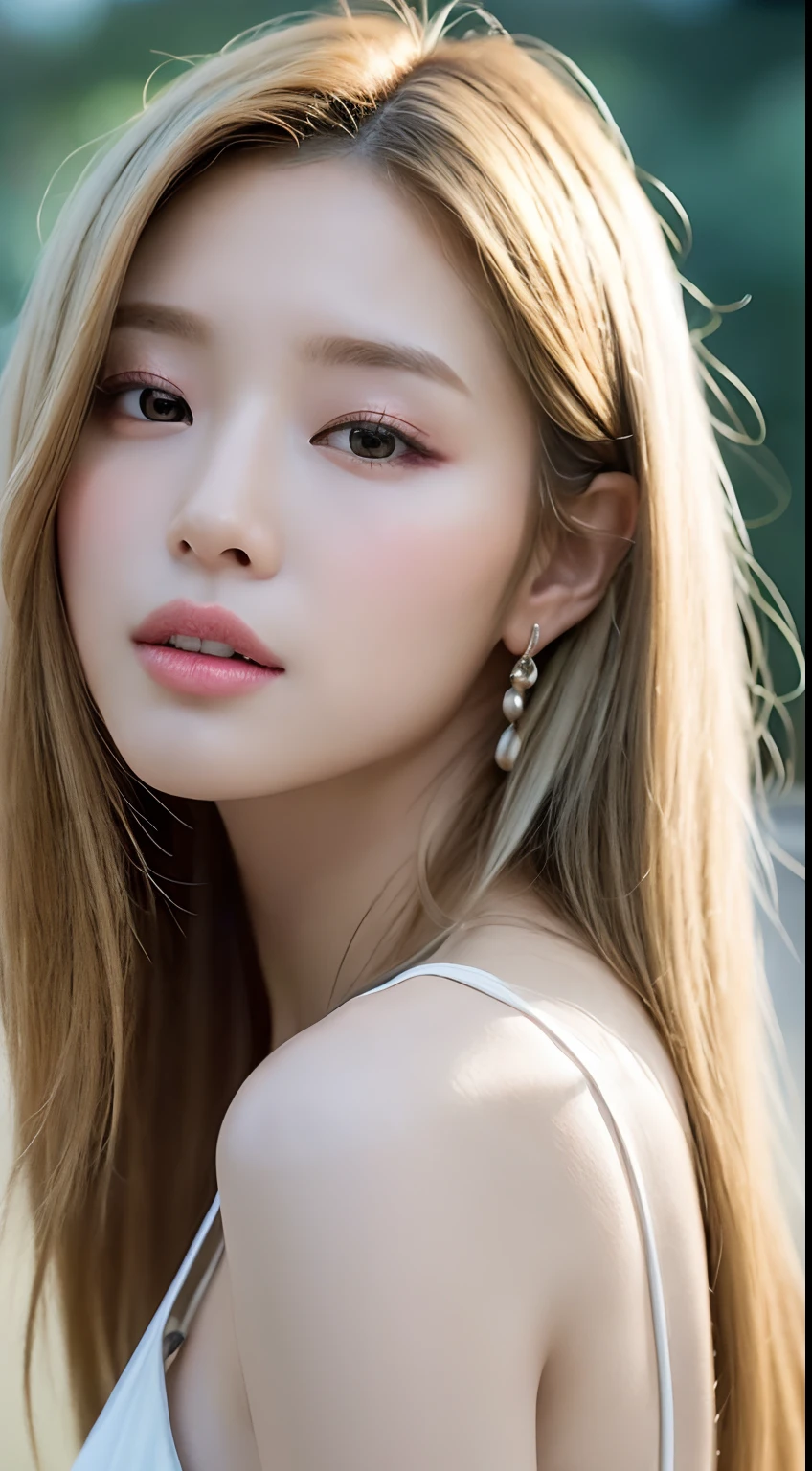 ((Realistic lighting、top-quality、8K、masterpiece:1.3))、Clear focus:1.2、1girl in、flawless beauty:1.4、slim((blonde hair))、Neat and clean clothing、One-piece clothes、Superfine Face、Narrow-eyed、二重まぶた、lighting like a movie、photos realistic、28 year old、Straight hair、Face like a K-pop idol