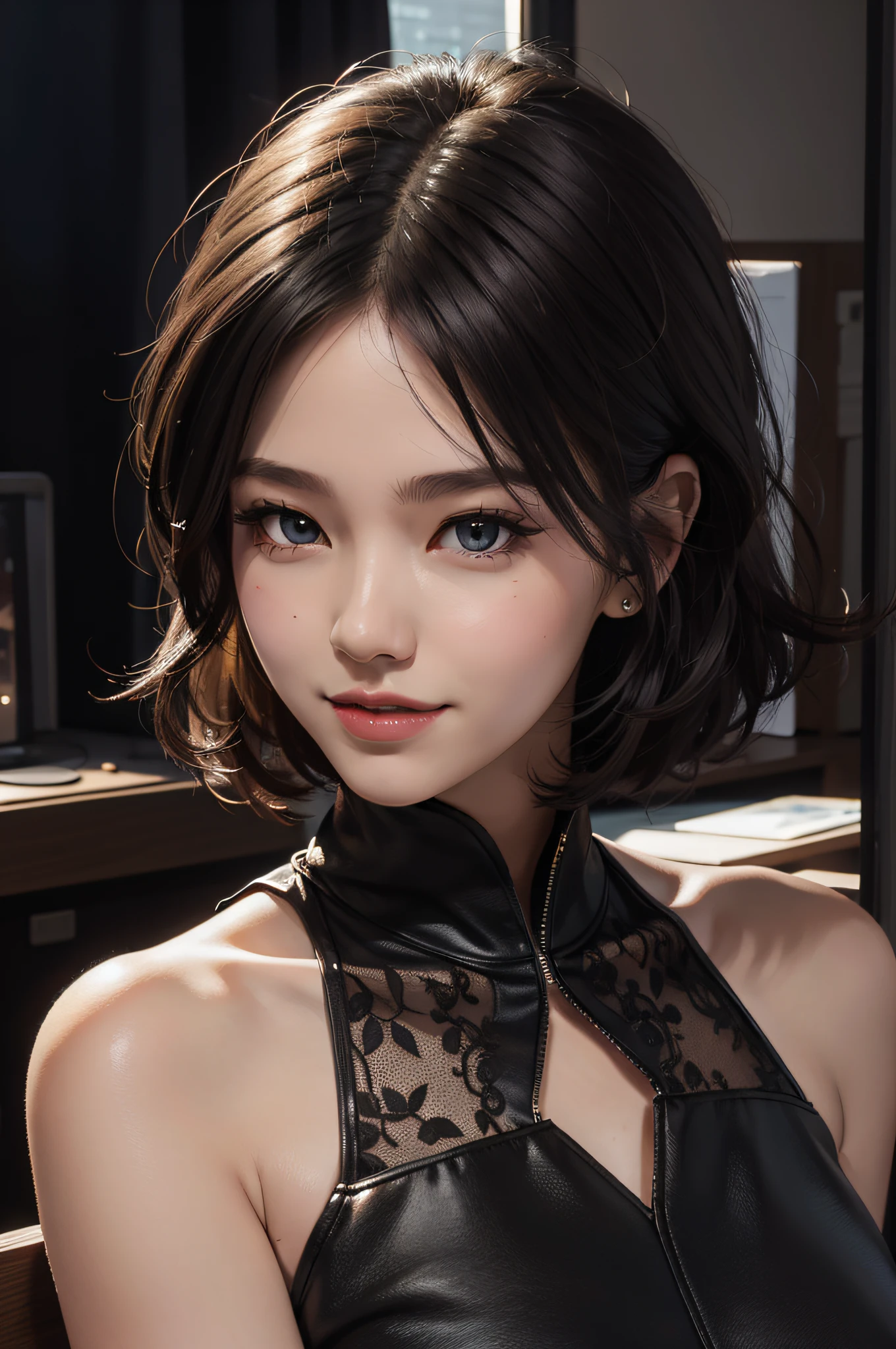 (Face details), 1个Giant Breast Girl, deep shading, ssmile,(black formal:1.2)