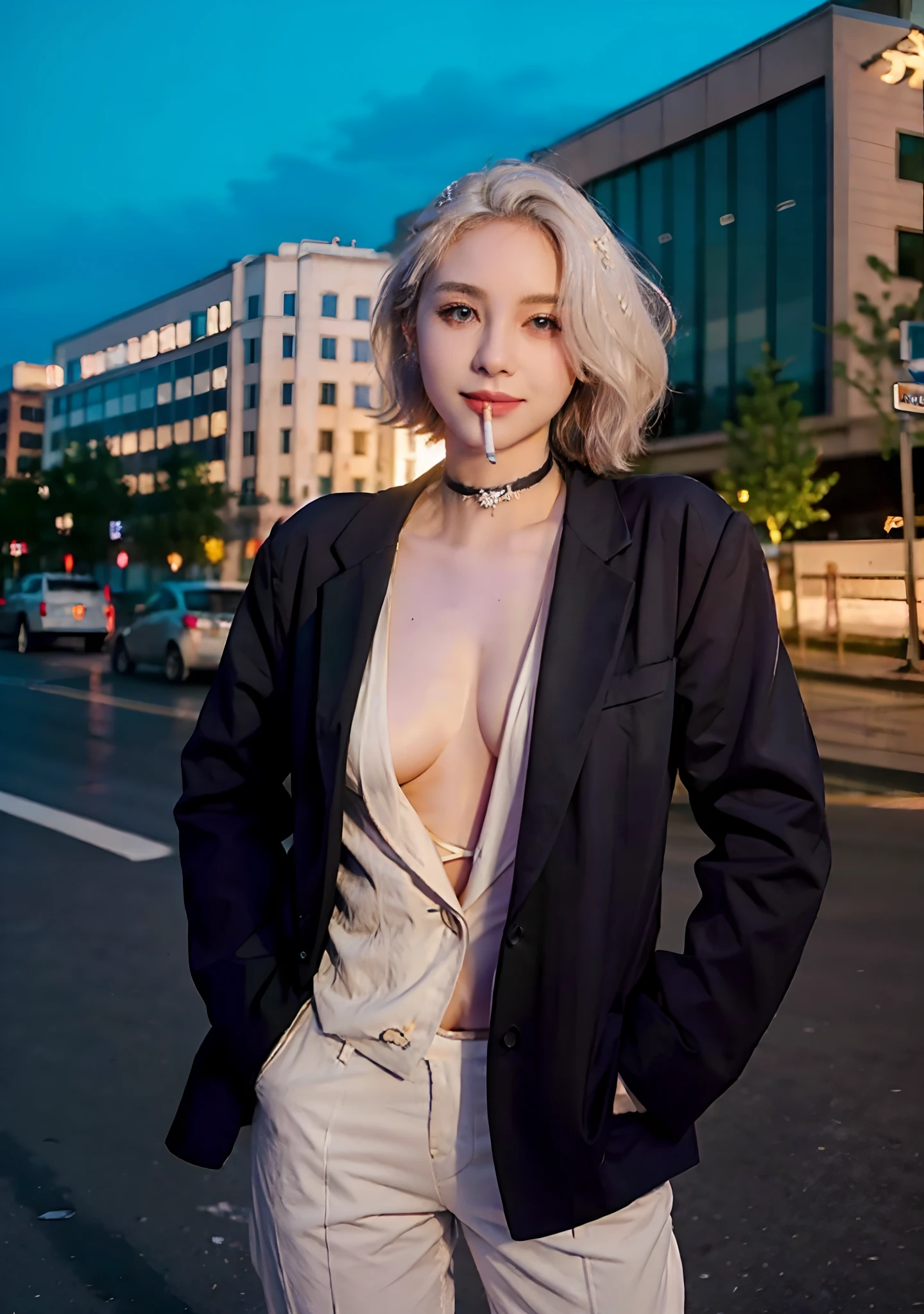 (masterpiece, best quality:1.2), cowboy shot, solo, 1girl, white hair, short wavy hair, purple eyes, average breasts, slender body, light smile, looking at viewer, hands in pockets, formal, suit, (braless), cleavage, black pants, choker, cityscape scenery, street, night light, night time, cigsmoker