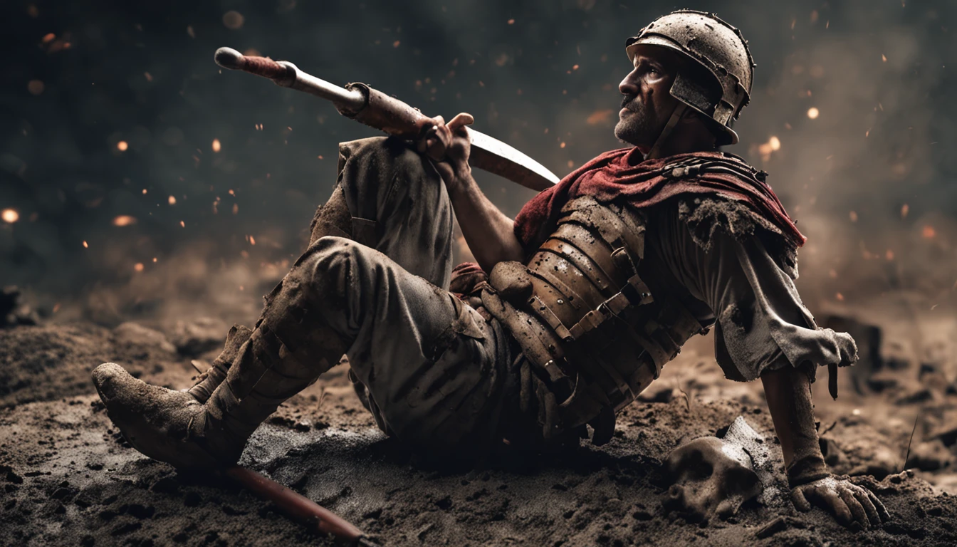 "An afared Roman soldier, sitting on a rock, covered in mud, weapons scattered on the ground, dark environment after a fierce battle, detailed correct anatomy."
