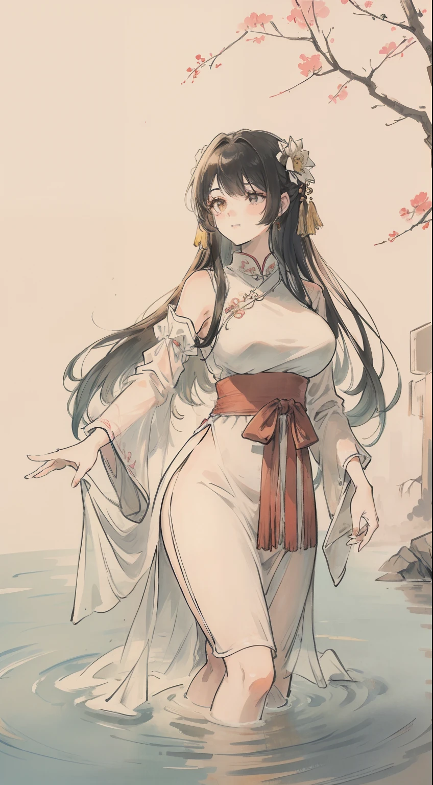((4K,Masterpiece,Best quality)),a big breast chinese girl,The facial structure is reasonable, shuimobysim, Traditional Chinese painting, lotuses, Hanfu, maxikit, Dress conservatively , Solo, Long Light Hair, ssmile, standing on your feet, feet in water, The barefoot,Perfect face,big breasts beautiful,Standard human body,see-through transparent clothes
