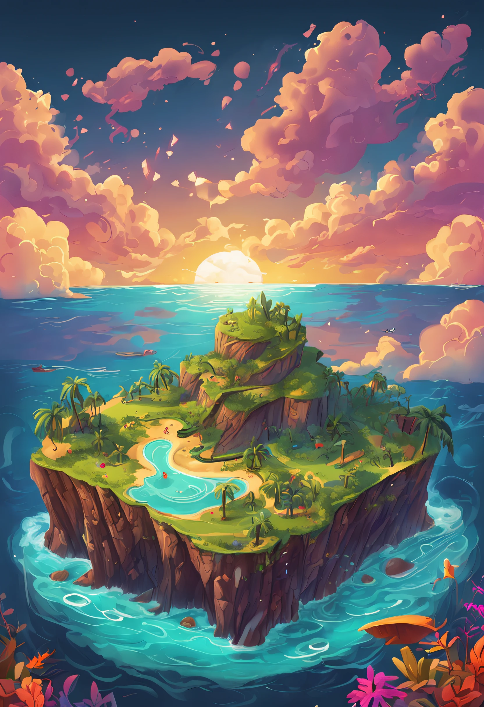 an island in the shape of a musical note, in the middle of the sea, snes painting