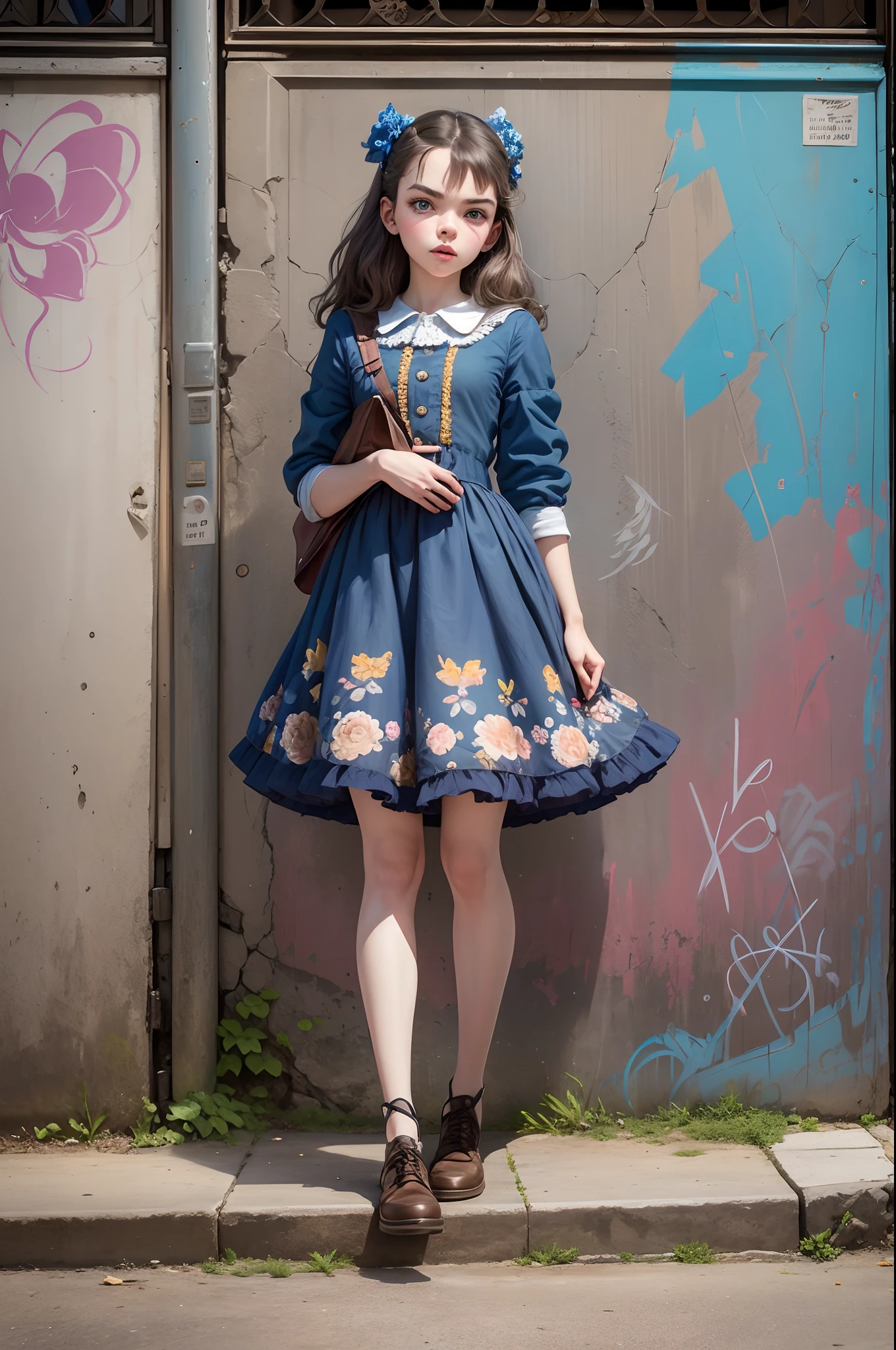 full body, Bottom view. Detailed face. Anya Taylor-Joy. Graffiti. Angel, dressed, in the style of childlike innocence and charm, floral surrealism, street style realism, dark sky - blue and light brown --auto --s2