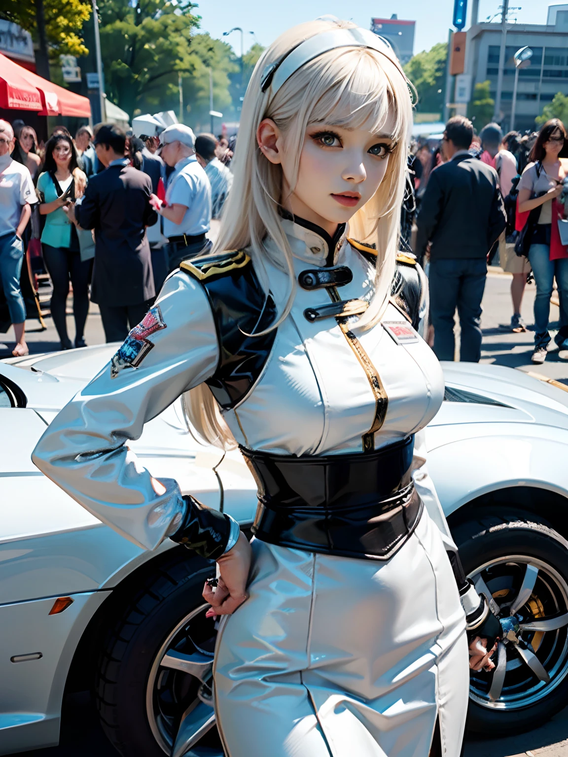 Unreal Engine 5 Realistic Rendering, cosplayer, Random Posing, Race Queen、Uniform with logo、 Exquisite beauty、Beautiful face, Body shape of slim model, Colossal tits, shiny, wet shiny body, short white hair, (((kawaii))), natta、starrysky、neons、Large crowds、audience、Forming an emperor、Drag racing、Midsommar Racing Circuit、racing car、Lower grade、Large crowds、Spectators、