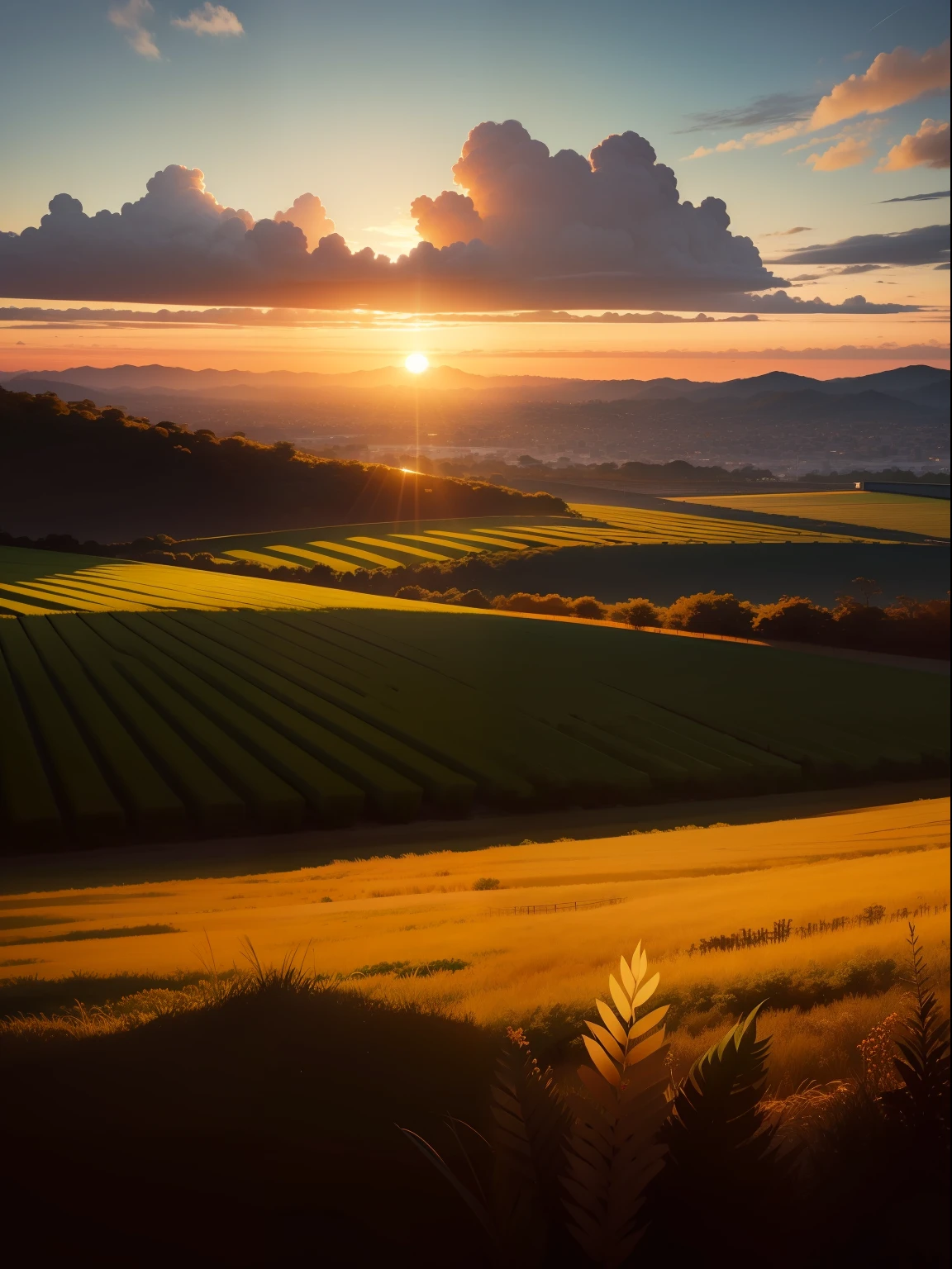 Imagem de um nascer do sol sobre um campo verdejante e tranquilo