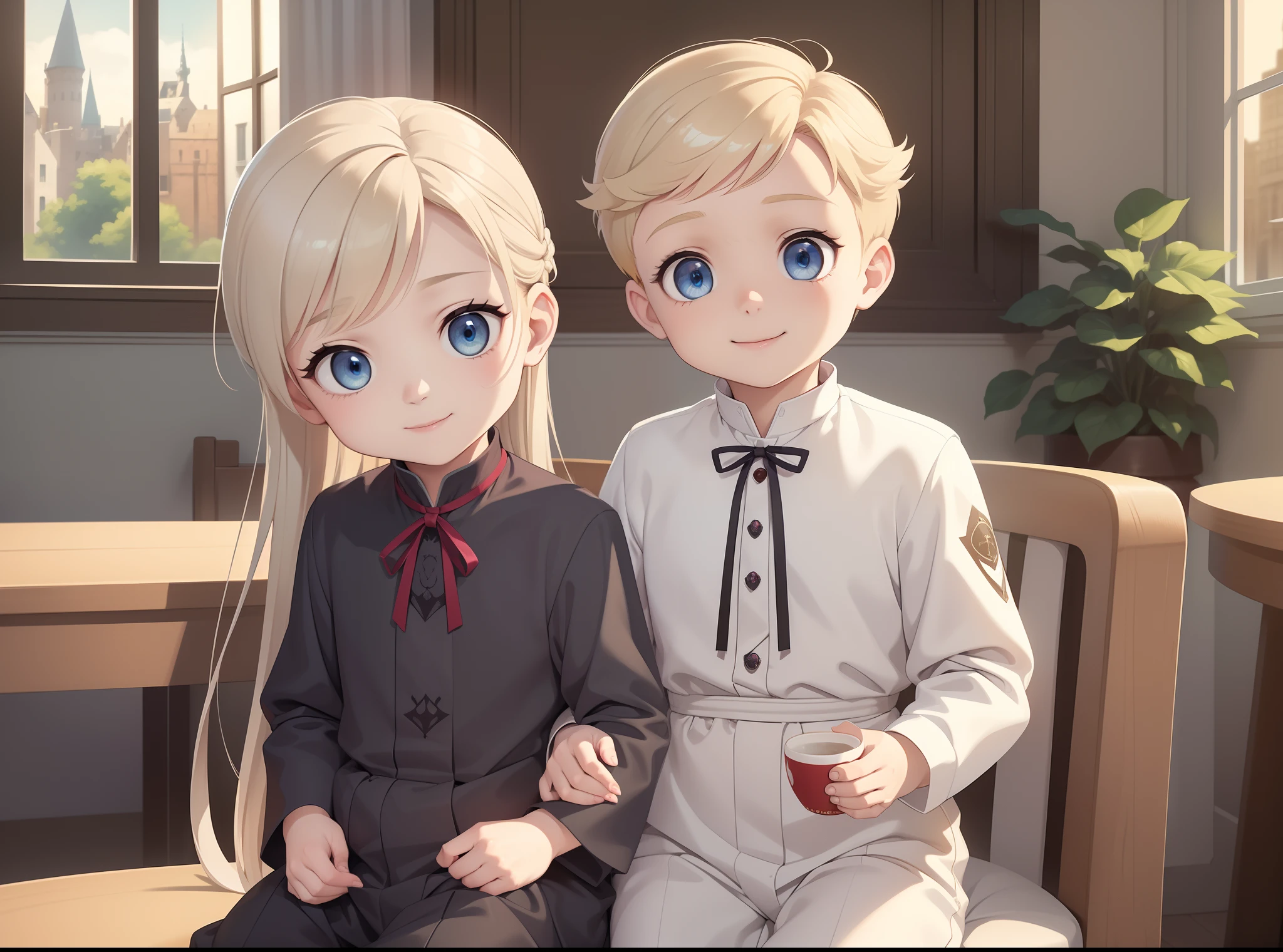 masterpiece, top-quality, 1other, ((Male child)), Gamine, different color, finely eye and detailed face, intricate detailes, Wizarding World Costumes, Baby clothes, Inside the coffee shop, Play with the chin of the table, A smile, Happiness, tenderness, youthfulness, high-level image quality、 Adonis、Short stature、window、𝓡𝓸𝓶𝓪𝓷𝓽𝓲𝓬、Englishman, k pop, Professional Photos, ((Vampires)), inspired by Sim Sa-jeong, androgynous vampire, :9 detailed face: 8, extra detailed face, detailed punk hair, ((Light blue eyes)) baggy eyes, Highly detailed, semi realistic anime, Vampires, hyperrealistic teen, delicate androgynous prince, imvu, short hair above the ears, Smiling Boy, ((Little Englishman with short blonde hair and light blue eyes)), ((1old-boy)), ((1 persons)), ((Baby Hands)), ((Girls with fairly long hair))