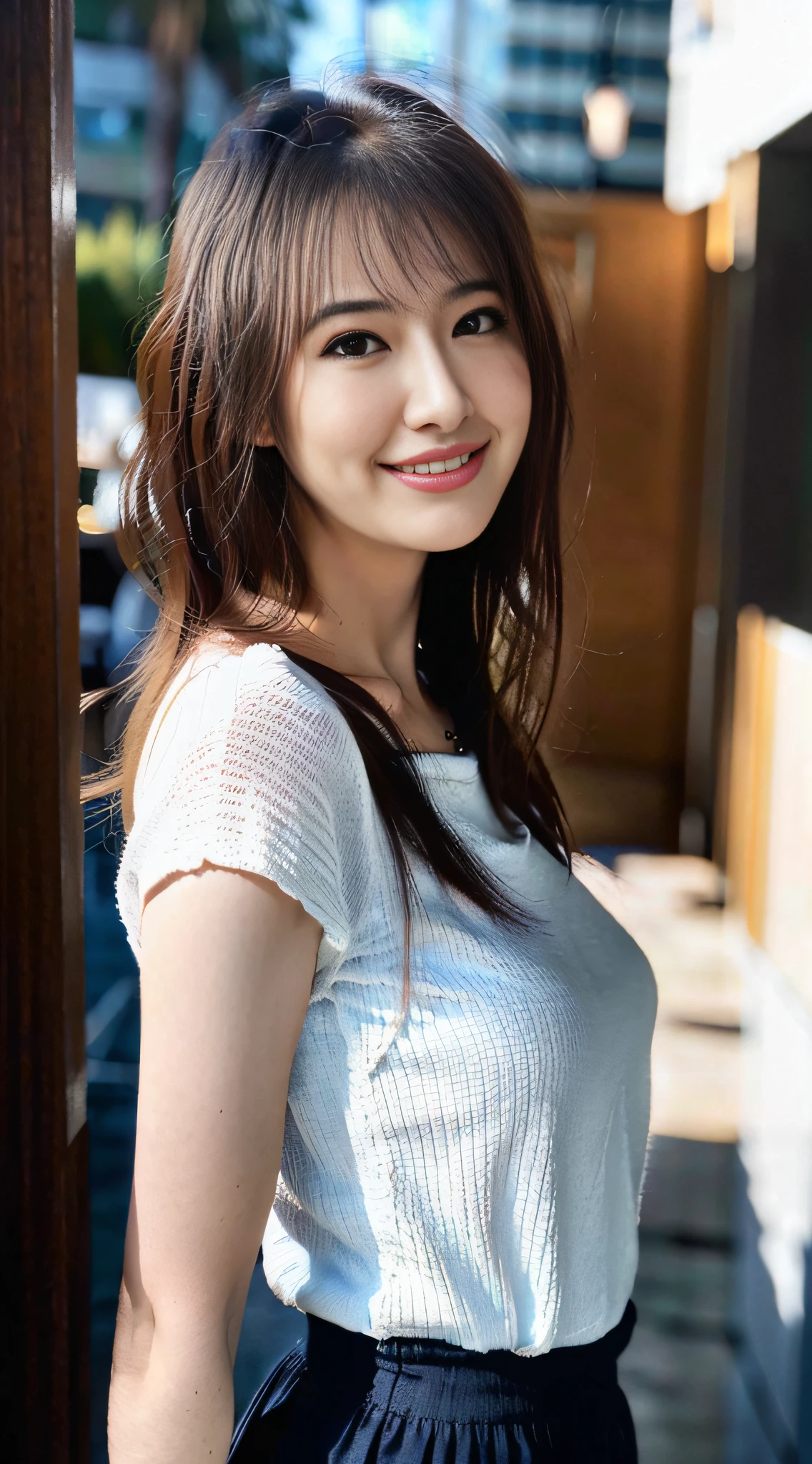 (8k, RAW photo, best quality, masterpiece:1.2), (realistic, photo-realistic:1.37), ultra-detailed, ultra high res,1 girl,looking at viewer,beautiful detailed face,smile,narrow,(slim waist:1.3),shirt, beautiful detailed skin, skin texture, floating hair,professional lighting,
