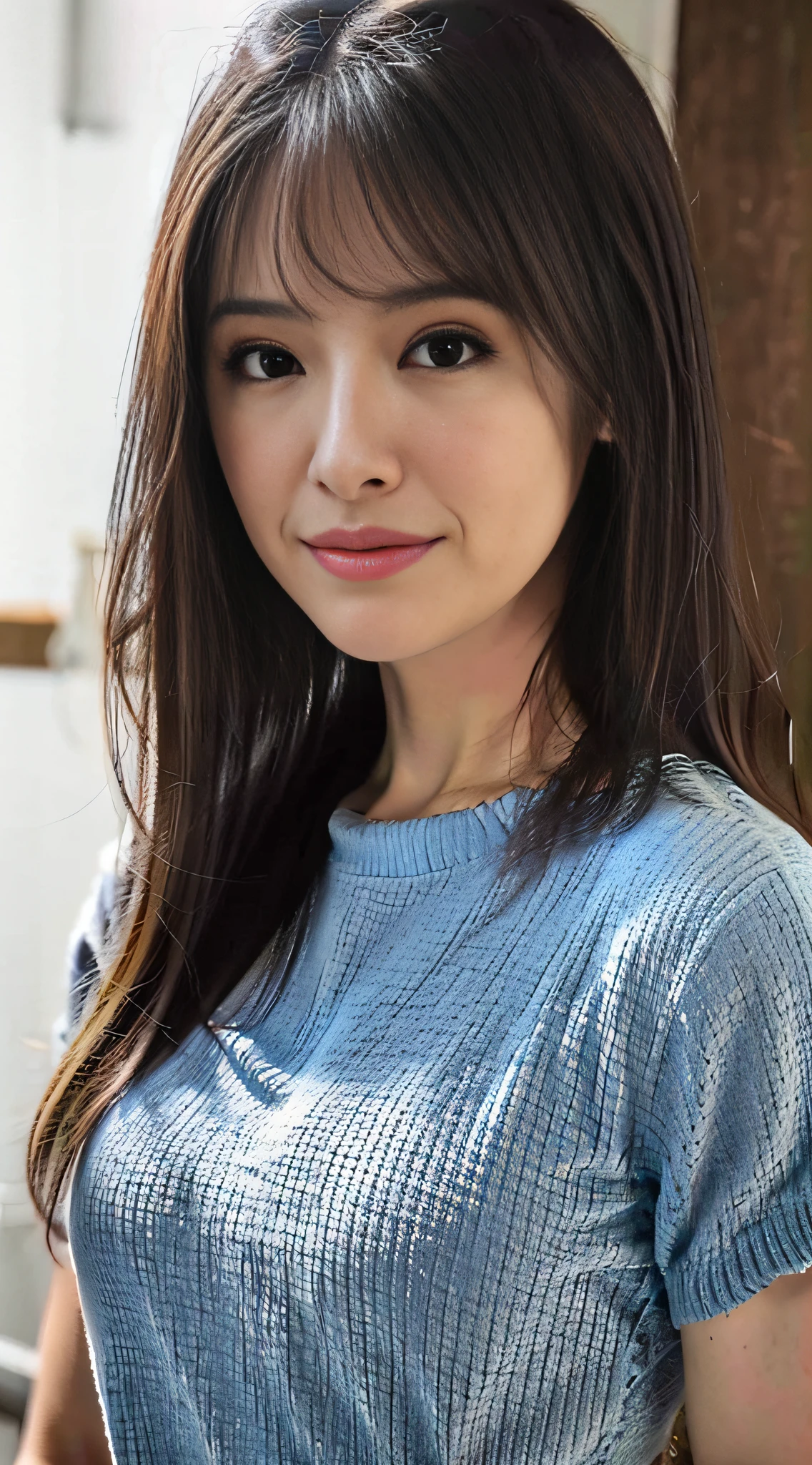 (8k, RAW photo, best quality, masterpiece:1.2), (realistic, photo-realistic:1.37), ultra-detailed, ultra high res,1 girl,looking at viewer,beautiful detailed face,smile,narrow,(slim waist:1.3),shirt, beautiful detailed skin, skin texture, floating hair,professional lighting,