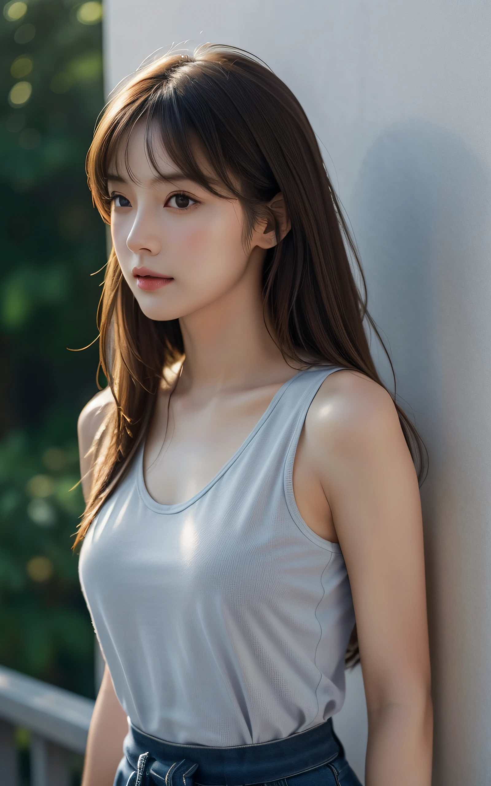Solo, long_hair, Nanase Nishino, Haruka Kaki, Summer, Fountain, Tank Top, Shorts, (8K, RAW Photography, Best Quality, Masterpiece:1.2), (Realistic, Photorealistic:1.37), Professional Lighting, Photon Mapping, Radiosity, Physically Based Rendering