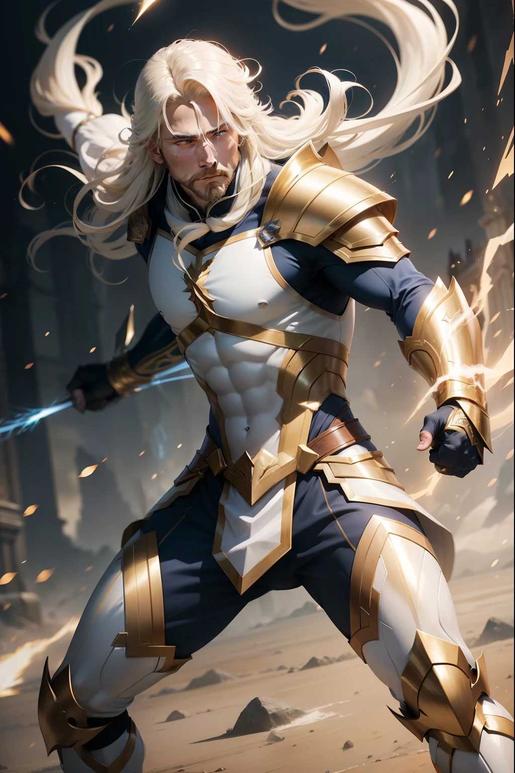 Man with bow Fantasy Action Armor Golden Hair Full Body White Blue Rays Action Background Add Golden Armor Improve Add Archer White Beast Lightning Effects, 25 anos