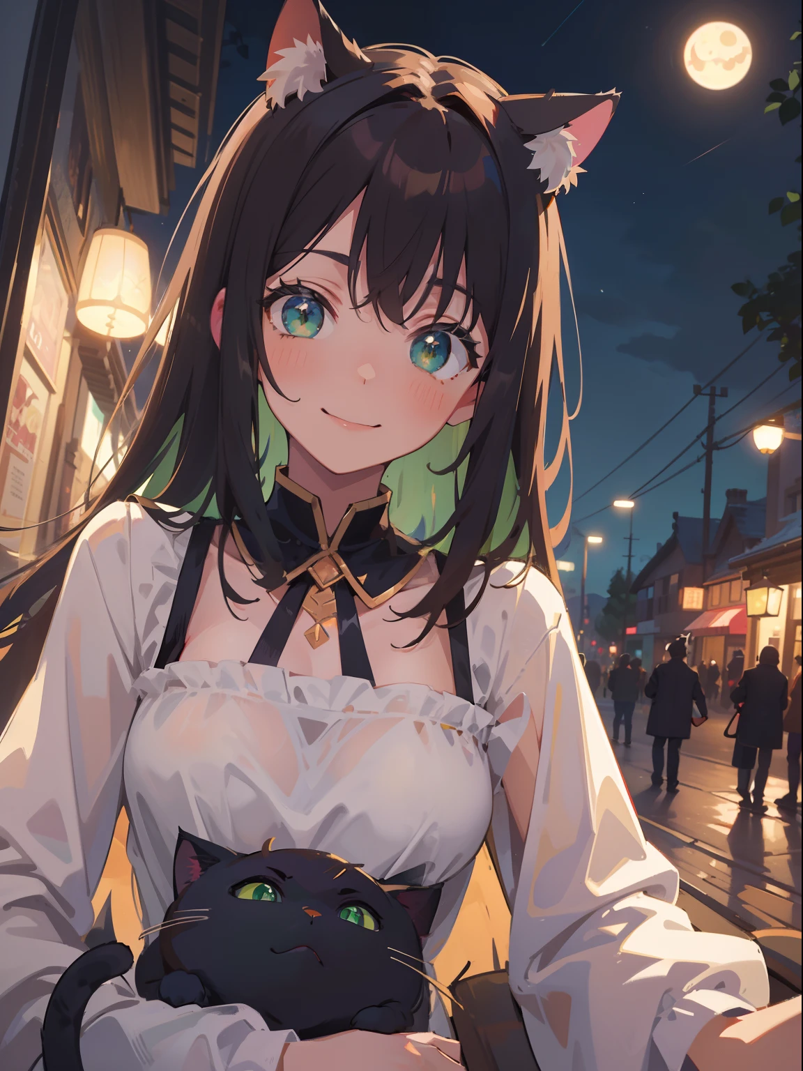 (masterpiece), (best quality), ultra high res, sharp focus, ((1 woman, solo)), upper body, dutch angle, beautiful detailed hair, chestnut brown hair, long hair tumbles down, beautiful detailed face, (cat ears:1.5), ((beautiful shape eyes, green eyes)), perfect feminine face, comfortable face, feminine light homey outfit, in the street, (at the night time:1.5), smiles to the viewer
