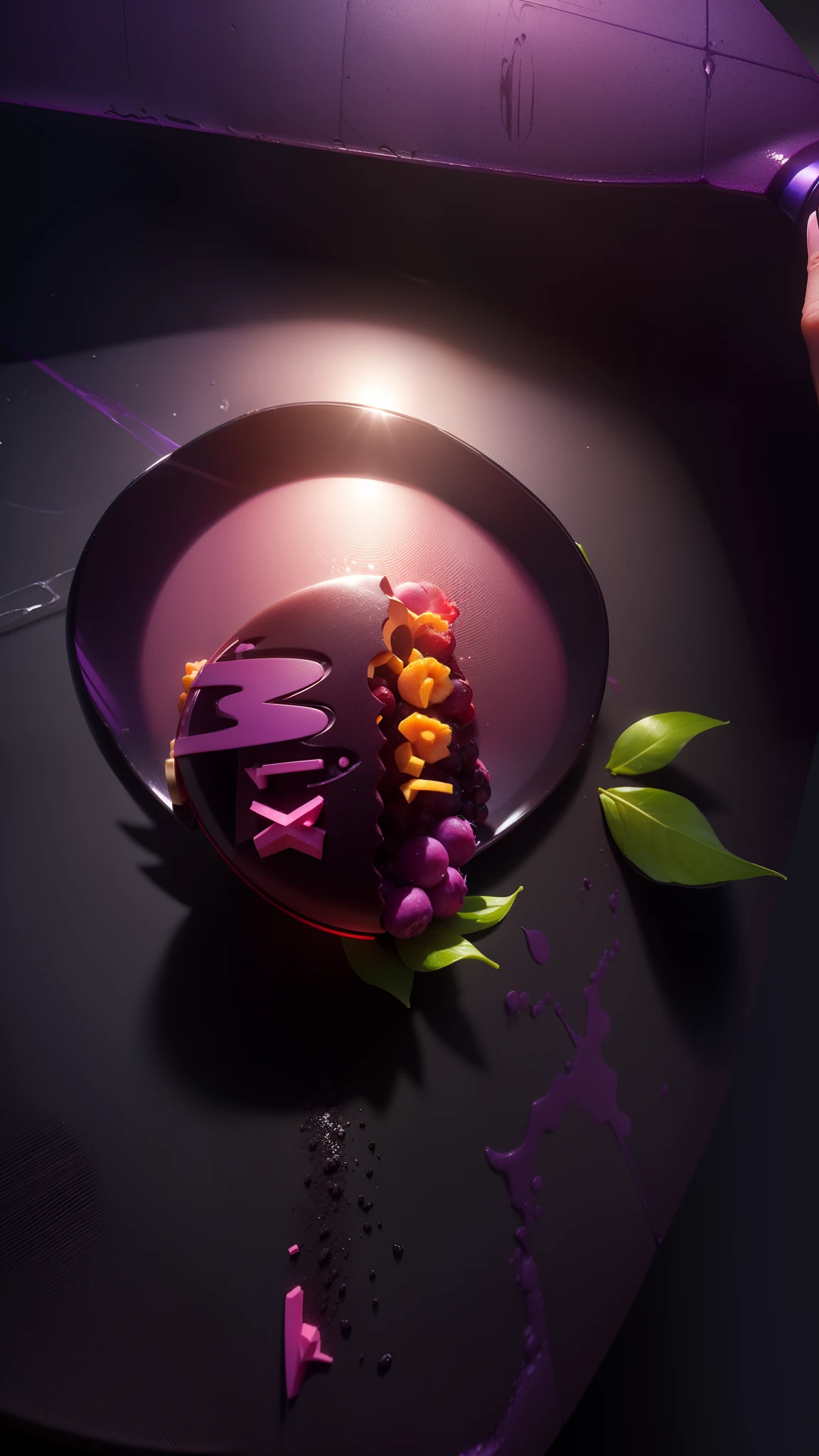Create a 3D acai berry logo with the acai fruit as the base and write acai mix in the center of the image, em 3D e alto relevo