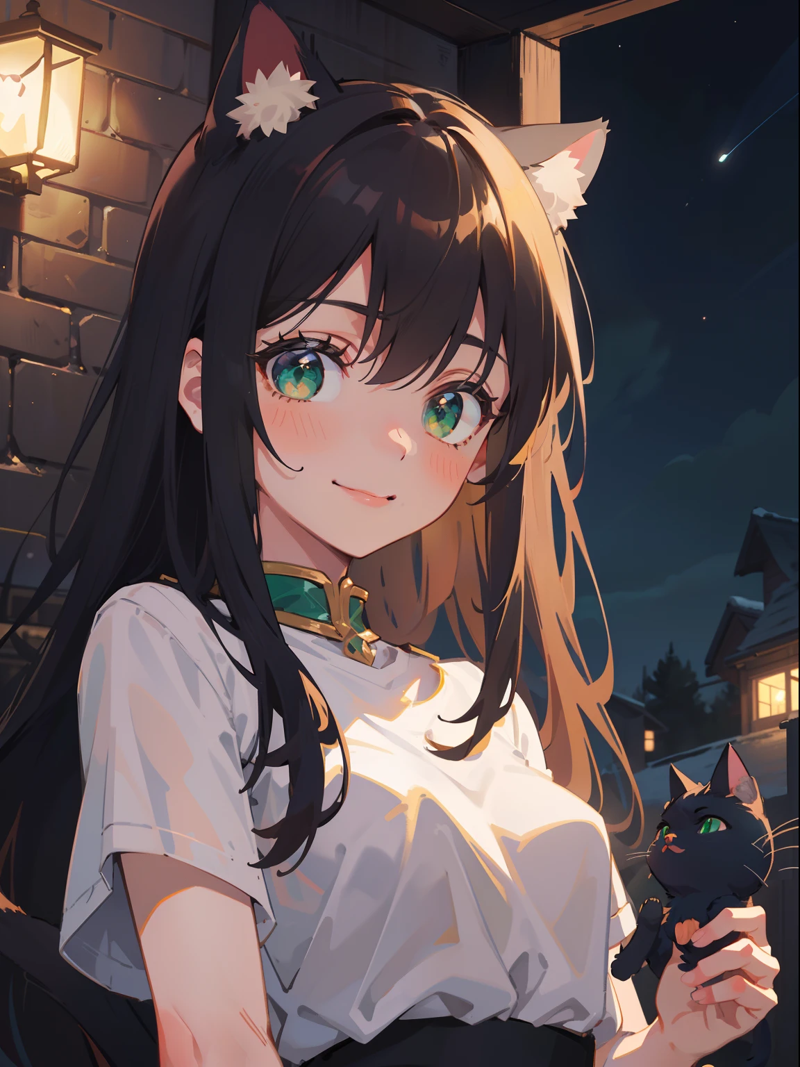 (masterpiece), (best quality), ultra high res, sharp focus, ((1 woman, solo)), upper body, dutch angle, beautiful detailed hair, chestnut brown hair, long hair tumbles down, beautiful detailed face, (cat ears:1.5), ((beautiful shape eyes, green eyes)), perfect feminine face, comfortable  face, feminine light homey outfit, in the street, (at the night time:1.5), smiles to the viewer