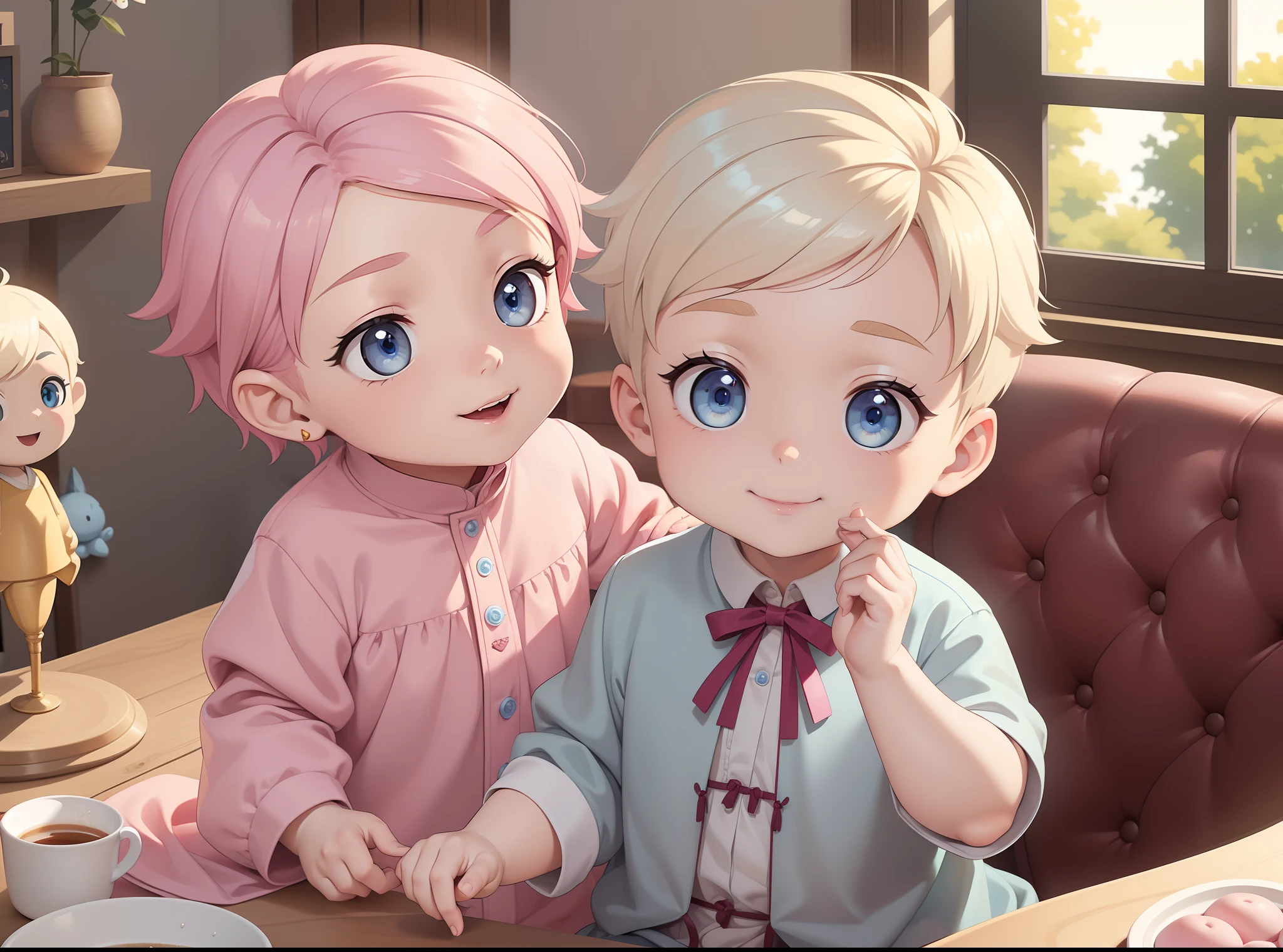 masterpiece, top-quality, 1other, ((Male child)), Gamine, different color, finely eye and detailed face, intricate detailes, Wizarding World Costumes, Baby clothes, Inside the coffee shop, Play with the chin of the table, A smile, Happiness, tenderness, youthfulness, high-level image quality、 Adonis、Short stature、window、𝓡𝓸𝓶𝓪𝓷𝓽𝓲𝓬、Englishman, k pop, Professional Photos, ((Vampires)), inspired by Sim Sa-jeong, androgynous vampire, :9 detailed face: 8, extra detailed face, detailed punk hair, ((Light blue eyes)) baggy eyes, Highly detailed, semi realistic anime, Vampires, hyperrealistic teen, delicate androgynous prince, imvu, short hair above the ears, Smiling Boy, ((Little Englishman with short blonde hair and light blue eyes)), ((1old-boy)), ((1 persons)), ((Baby Hands)), ((Girls with pretty long pink hair))