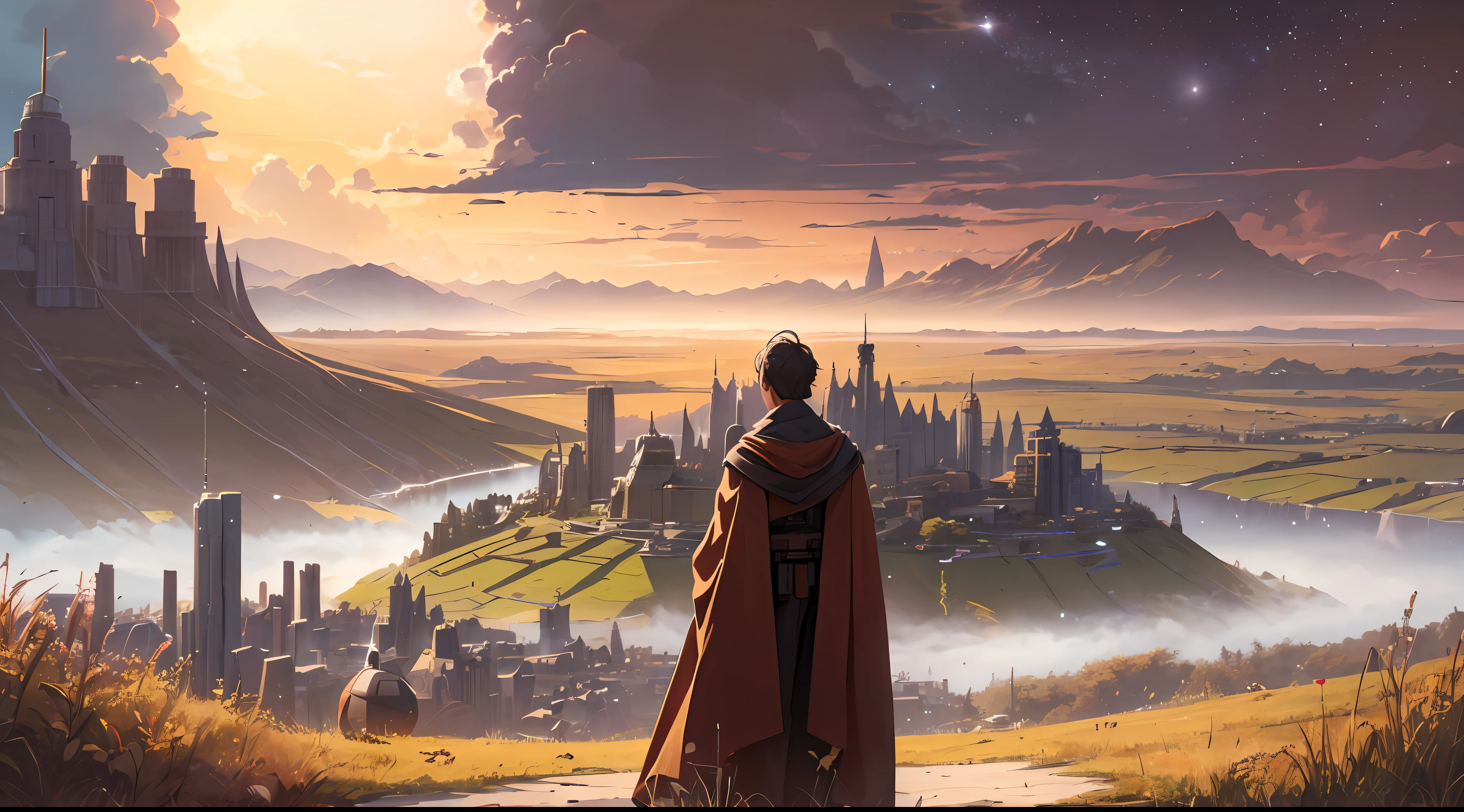 A jedi on a hill, (illustration style), solo, back view, a small sci-fi village far away, detailed sky, big planet in the sky, (as if it were a cover of a drama movie)