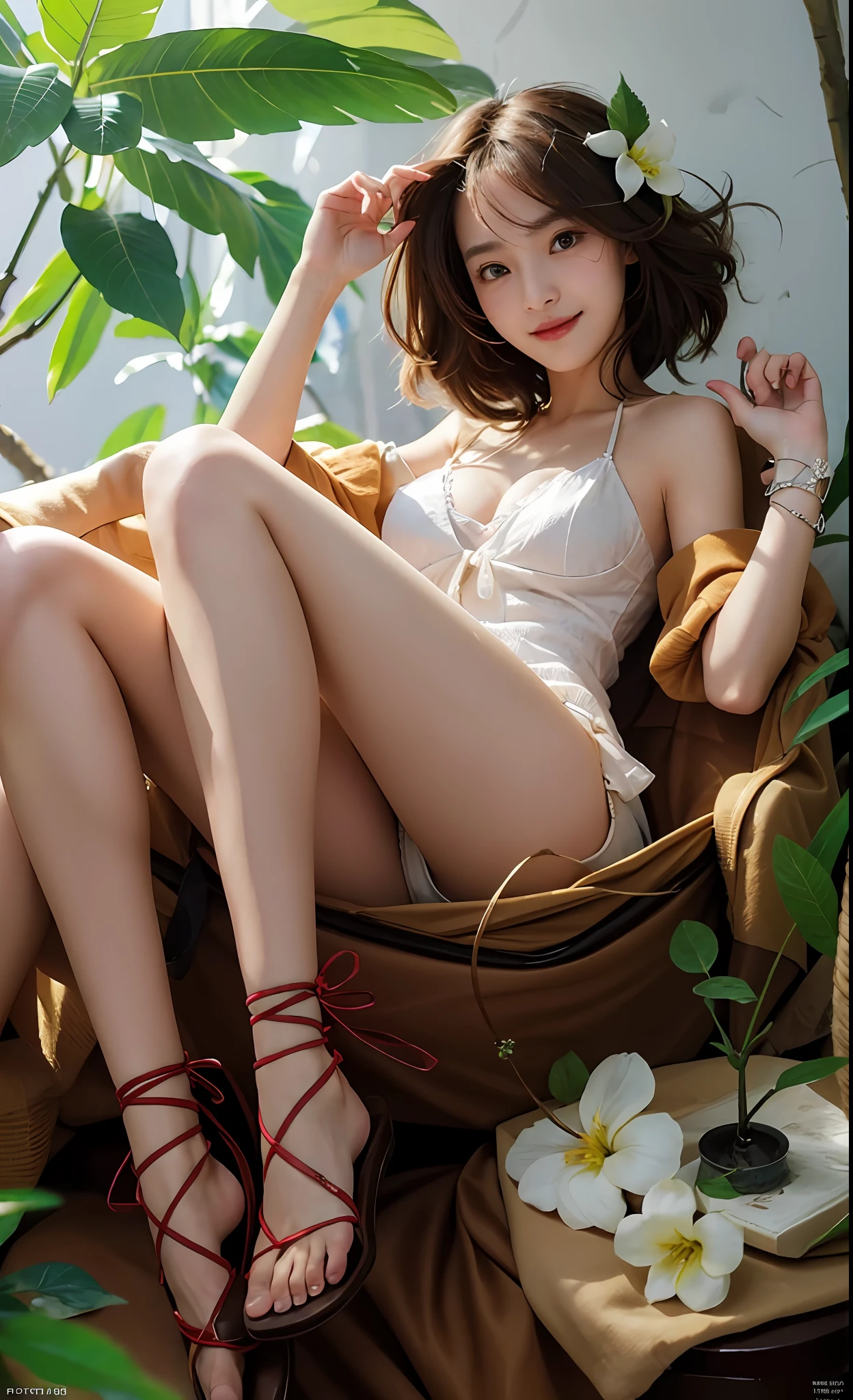 masutepiece, The highest image quality, High quality, Beautiful woman, Japanese, Detailed, Detailed eyes, Detailed skin, Beautiful skin, 超A high resolution, (reality: 1.4),Very beautiful, Slightly younger face, Beautiful skin, Slender, (ultra-realistic realism), (A high resolution), (8K), (Very detailed) (Beautifully detailed eyes), (Super detailed), vests, Skirt, (the wallpaper), (Detailed face), view the viewer, Fine details, Detailed face, Smiling, Staring straight ahead, Staring straight ahead, angle from waist up, Photos realistic, Bright lighting, Professional lighting, Mature woman, Brown hair, Straight shoulder-length hair swaying in the wind, Long stylish bangs,huge tit，cleavage