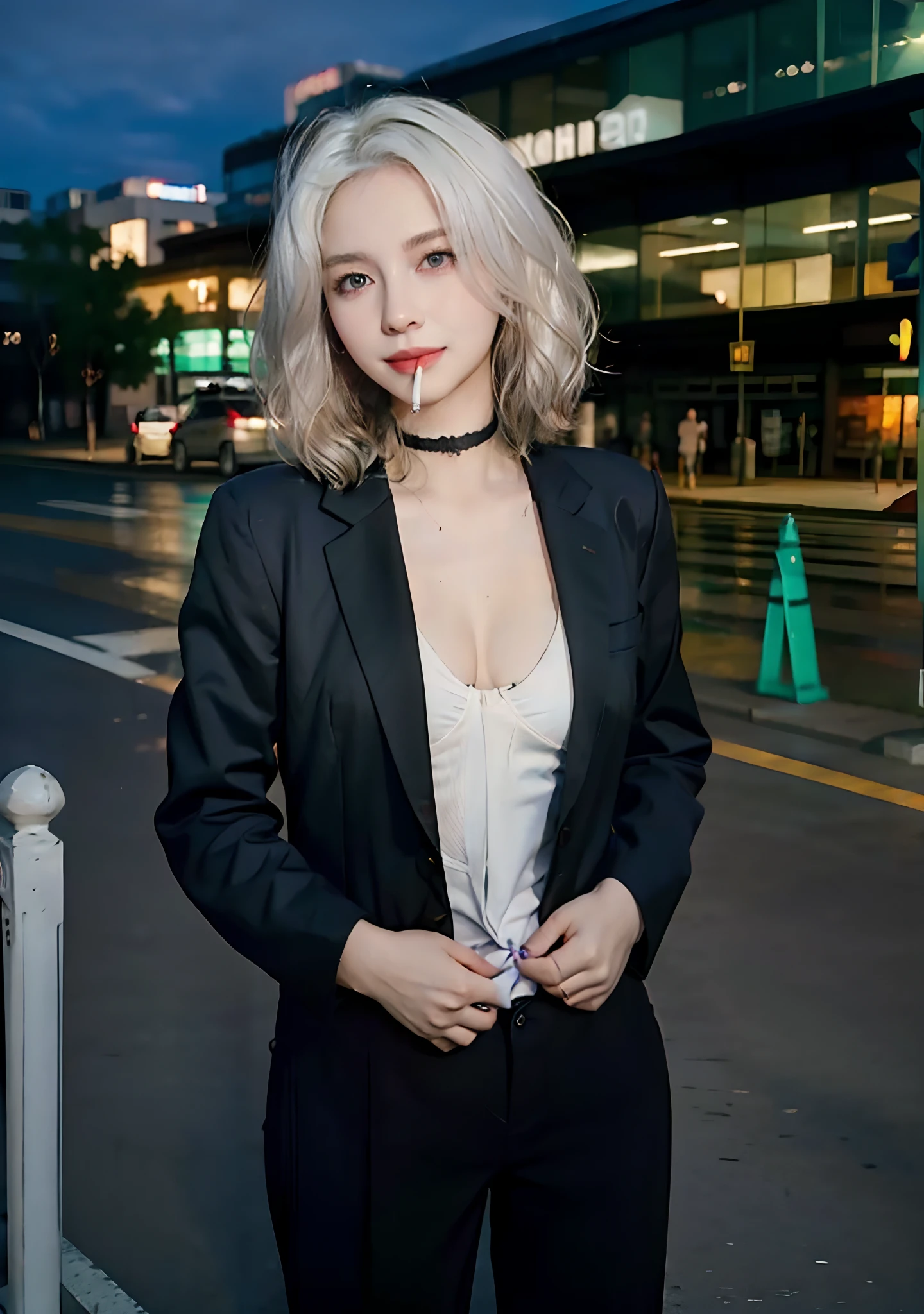 (masterpiece, best quality:1.2), cowboy shot, solo, 1girl, white hair, short wavy hair, purple eyes, average breasts, slender body, light smile, looking at viewer, hands in pockets, formal, suit, (braless), cleavage, black pants, choker, cityscape scenery, street, night light, night time, cigsmoker