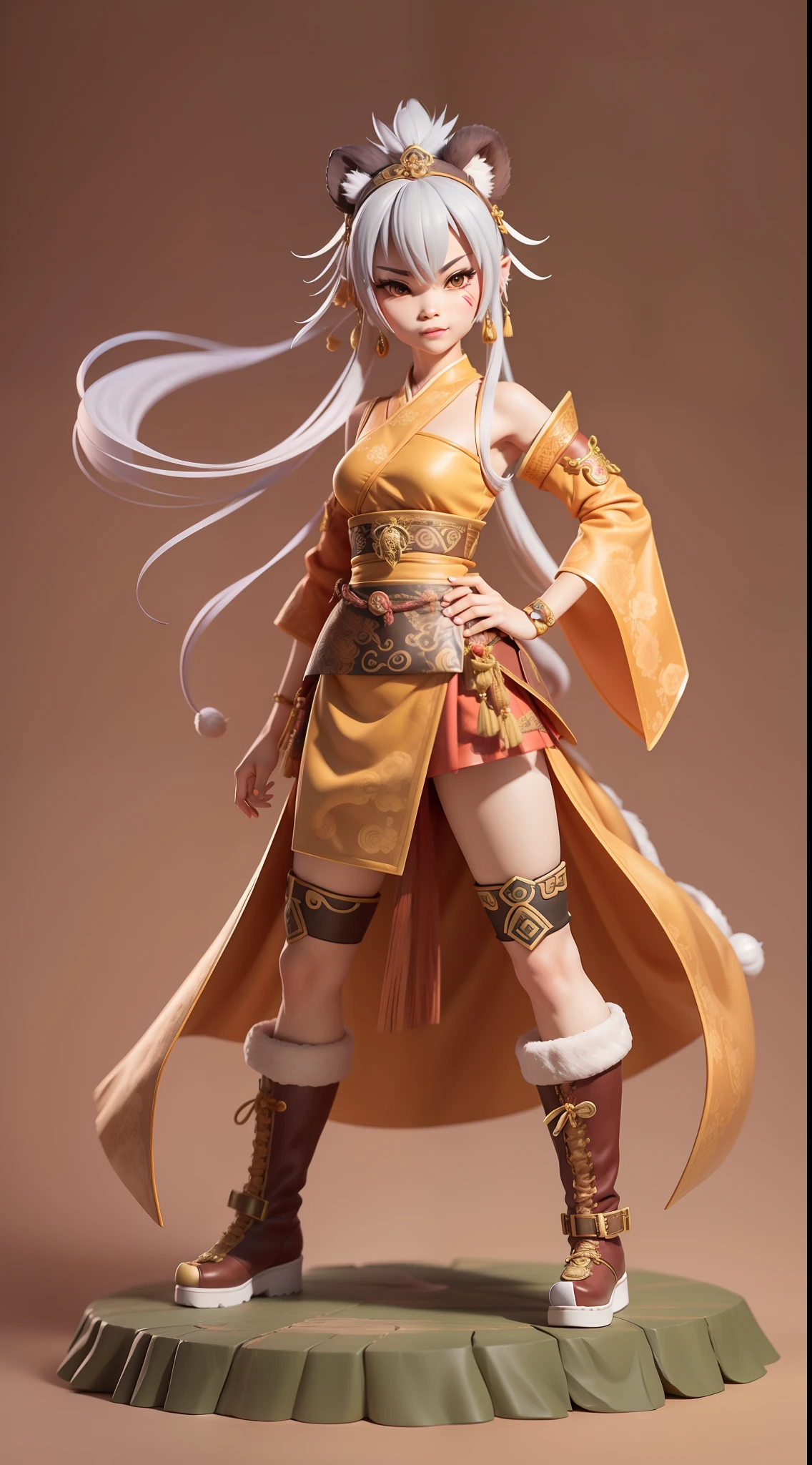 full body shot shot，Game character design，Sharp-eyed monkey，Qi Tian Great Sage，Wearing a brocade cloth，Tiger leather skirt at the waist，Step on a pair of suede boots，Hairy face thunder mouth，Fangs grow outward。